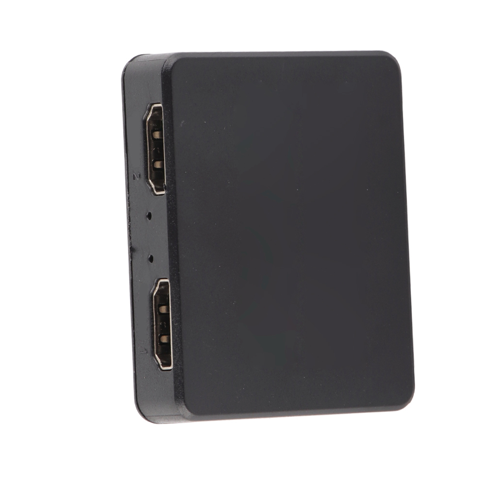 Schwarzer HDMI-Splitter mit zwei sichtbaren Anschlüssen auf weißem Hintergrund. Das Gerät ist rechteckig.