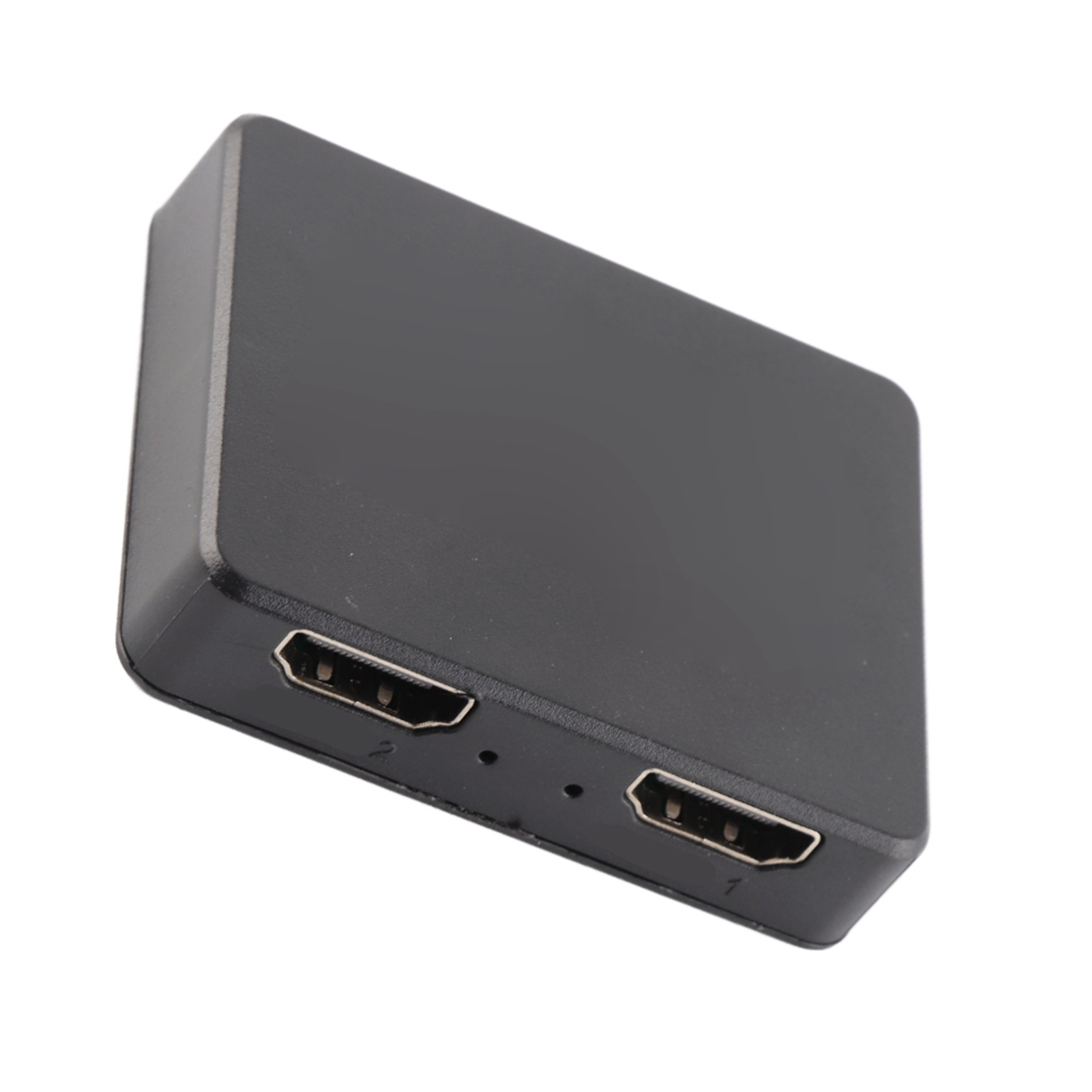 Ein schwarzer HDMI-Splitter mit zwei sichtbaren Anschlüssen. Das Gerät ist rechteckig mit abgerundeten Ecken, vor weißem Hintergrund.