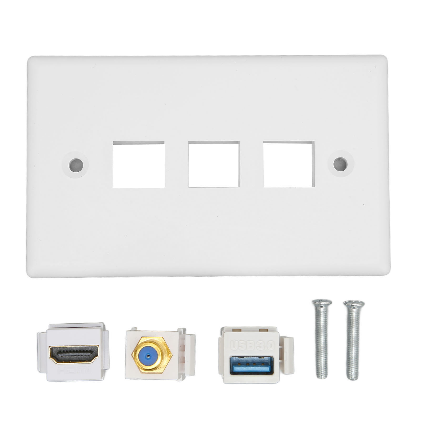 Weiße Wandplatte mit drei rechteckigen Aussparungen, HDMI, einem Anschluss und USB 3.0-Anschlüssen, mit Schrauben.
