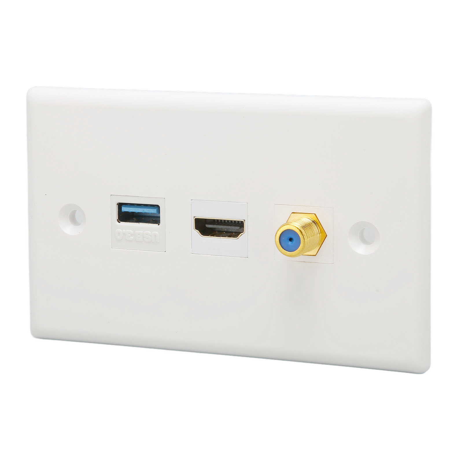 Weiße Wandplatte mit USB-, HDMI- und Koaxialanschlüssen. USB ist blau, HDMI dunkel und Koax gold mit blau.