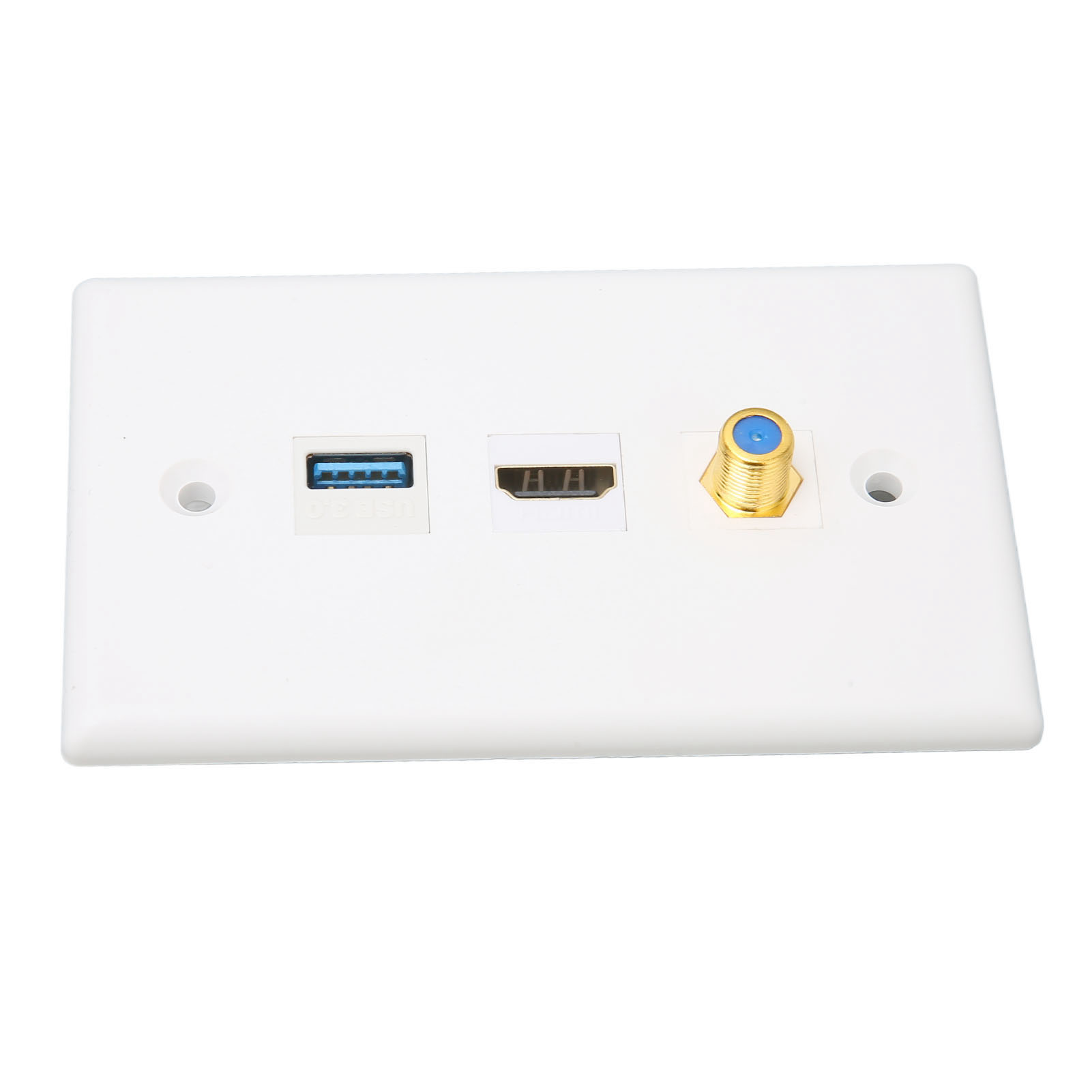 Weiße Wandplatte mit USB-, HDMI- und Koaxialanschlüssen. Der Koaxialanschluss ist gold und blau. Der USB-Anschluss ist blau.
