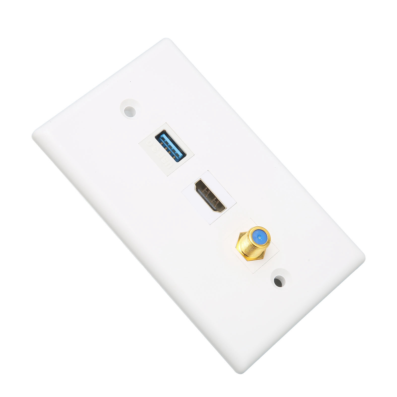 Weiße Wandplatte mit USB-, HDMI- und Koaxialkabelanschlüssen. Der USB-Anschluss ist blau, HDMI ist schwarz und Koaxial gold.