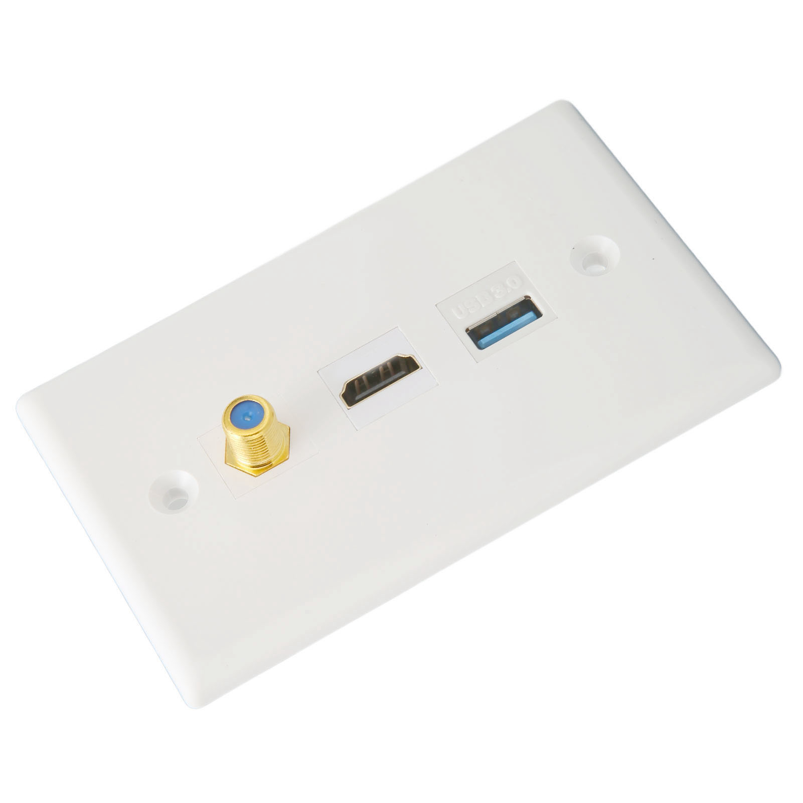 Weiße Wandplatte mit Koaxial-, HDMI- und USB 3.0-Anschlüssen. Der Koaxialanschluss ist goldfarben, HDMI schwarz und USB blau.