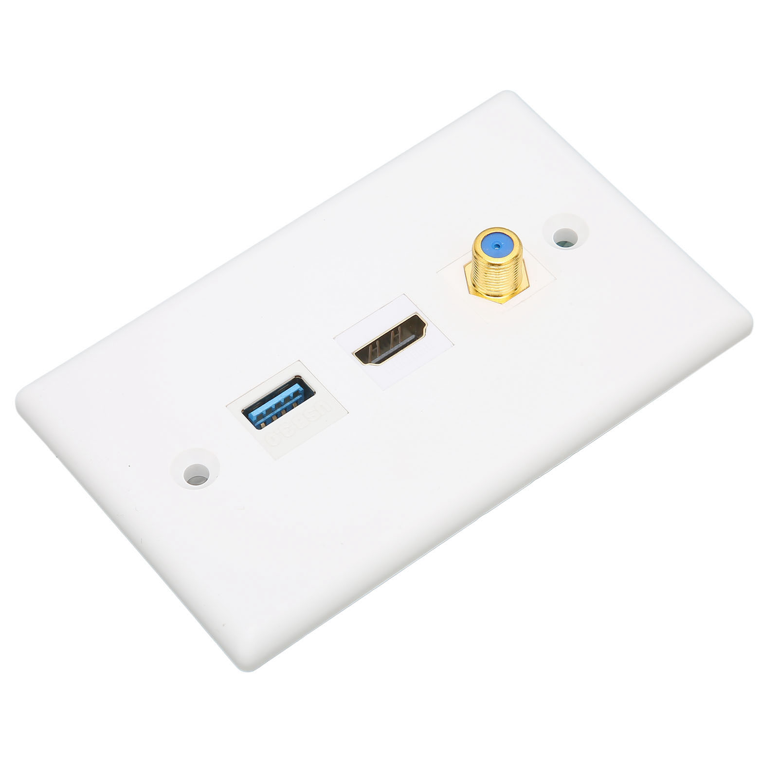 Weiße Wandplatte mit USB-, HDMI- und Koaxialanschlüssen. Blaue und goldene Akzente. Zwei Schraubenlöcher.