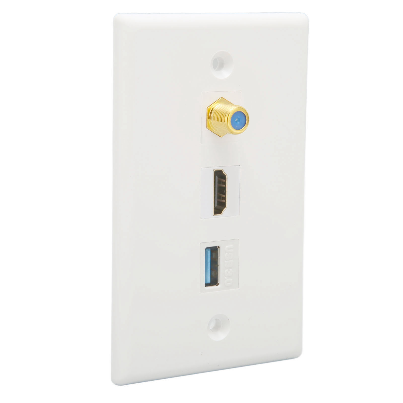 Weiße Wandplatte mit Koaxialanschluss, HDMI-Anschluss und USB-3.0-Anschluss. Die Anschlüsse sind goldfarben und die Platte ist weiß.