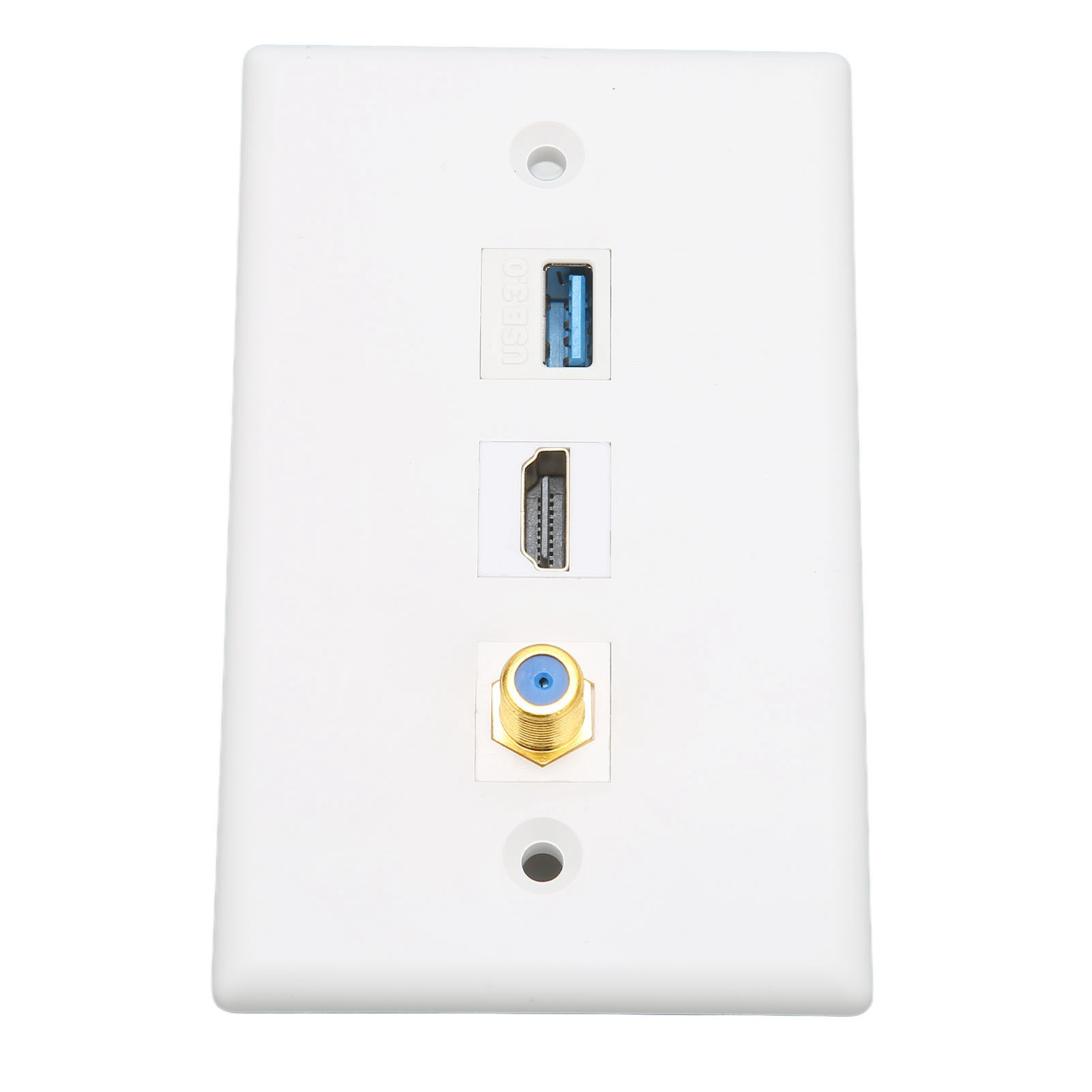 Weiße Wandplatte mit USB-, HDMI- und Koaxialanschlüssen. Der USB-Anschluss ist blau.