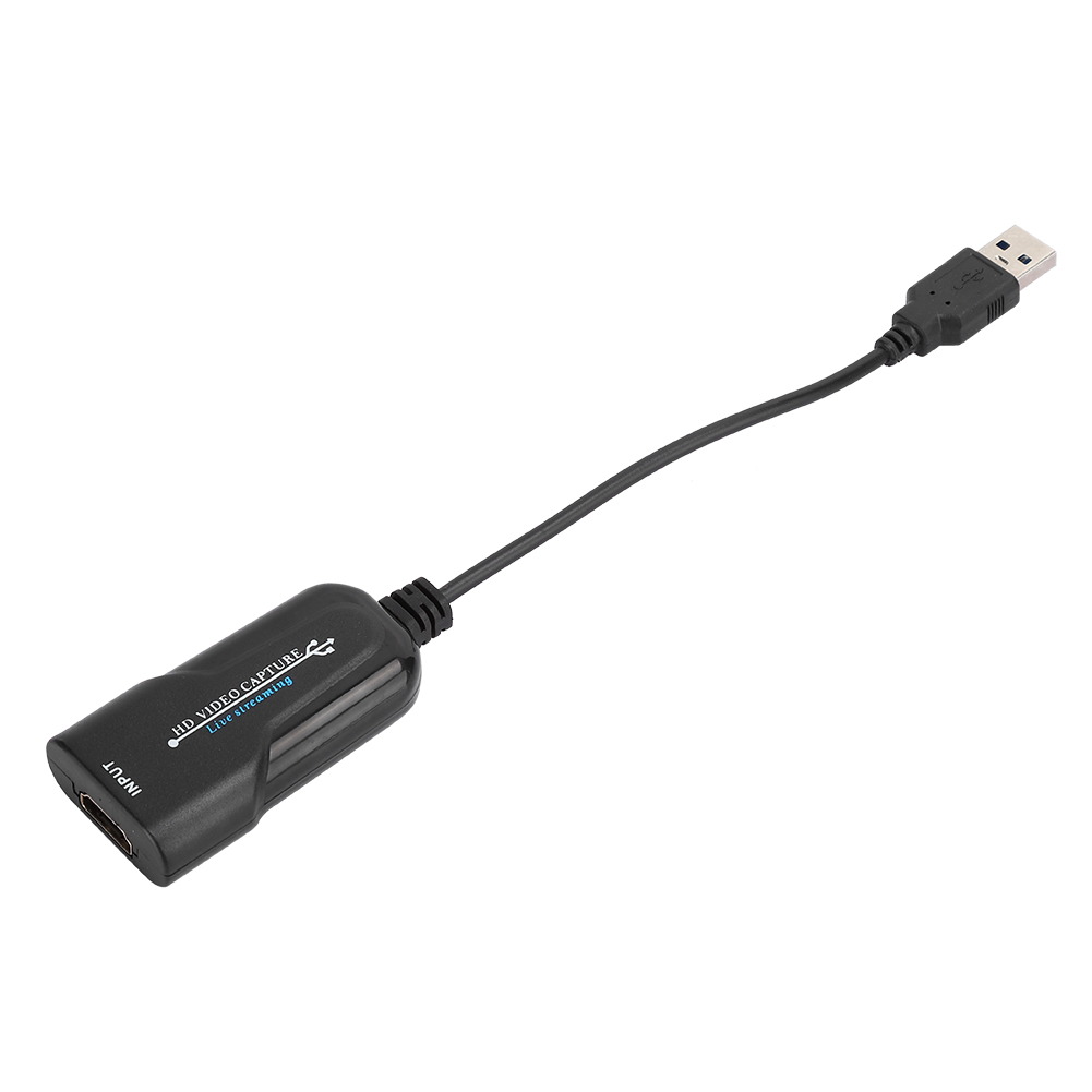 Ein schwarzes HD-Videoaufnahmegerät ist abgebildet. Es hat einen HDMI-Eingang und einen USB-Anschluss. Das Gerät befindet sich auf weißem Hintergrund.