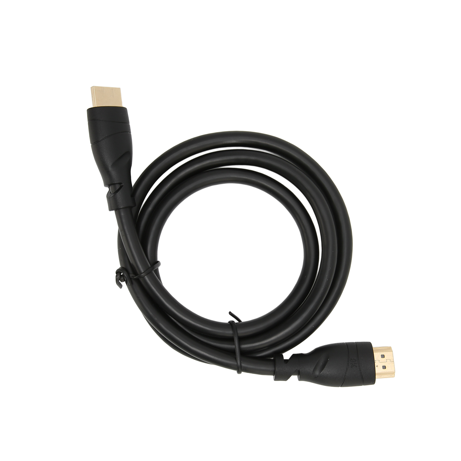 Ein schwarzes HDMI-Kabel auf weißem Grund. Die Stecker sind schwarz mit goldfarbenen Kontakten.