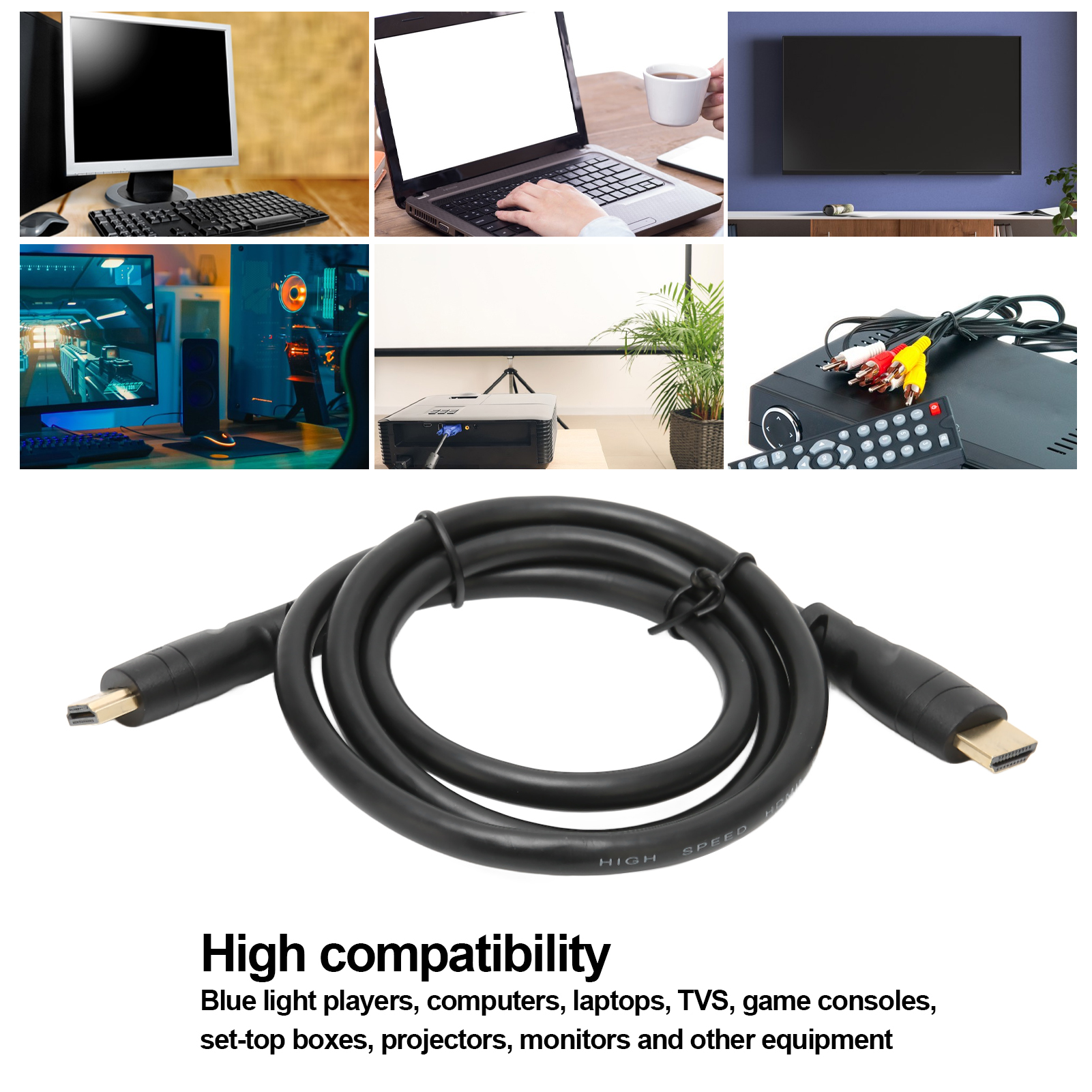 Ein schwarzes, aufgerolltes HDMI-Kabel liegt vor einem weißen Hintergrund. Der Text unten lautet: Hohe Kompatibilität.