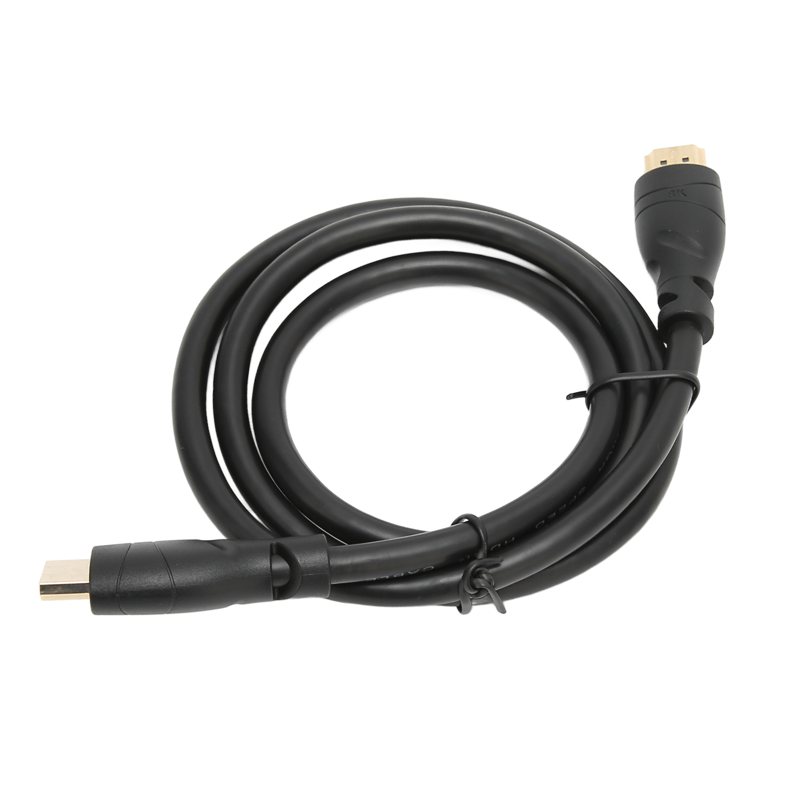 Ein schwarzes HDMI-Kabel ist auf einer weißen Oberfläche aufgerollt, mit Anschlüssen an jedem Ende. Kabel wird mit einem Kabelbinder gesichert.