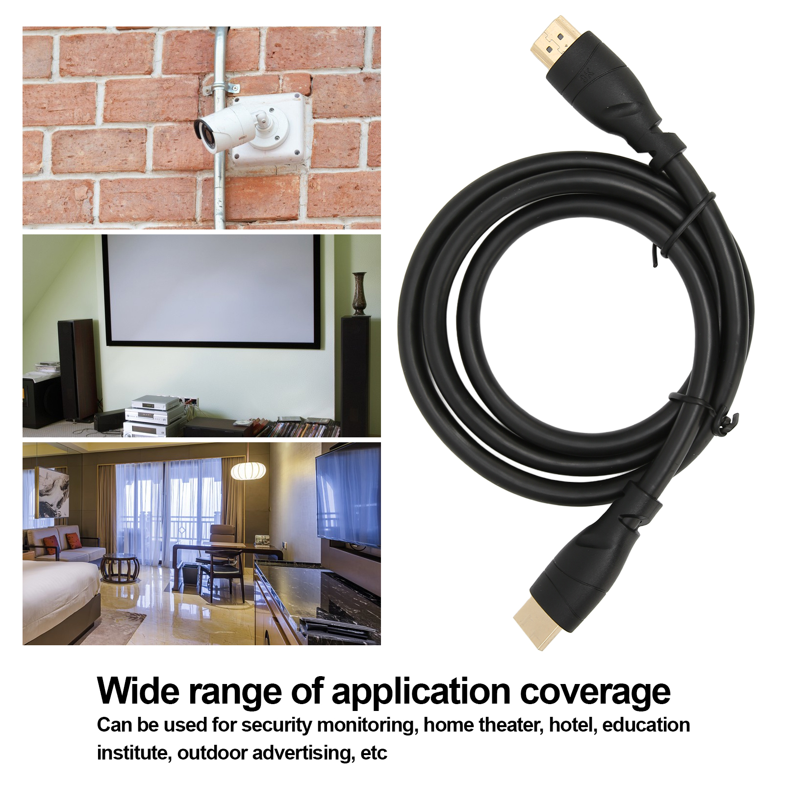 Das Bild zeigt ein HDMI-Kabel auf weißem Hintergrund und drei Szenen: Überwachungskamera, Heimkino und Hotelzimmer.