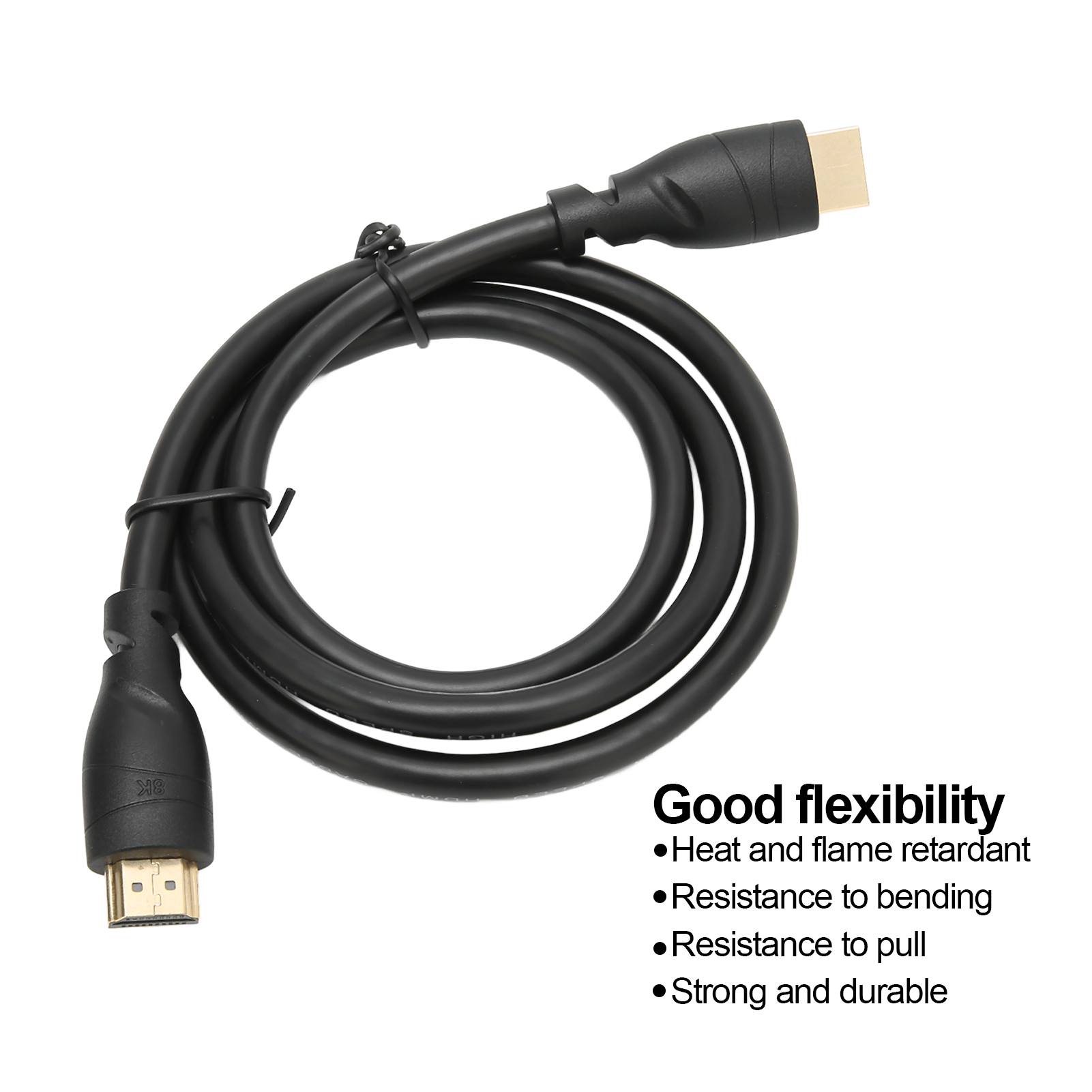 Ein schwarzes HDMI-Kabel ist aufgerollt. Es hat goldene Anschlüsse an jedem Ende. Der Text 'Gute Flexibilität' und Spezifikationen sind rechts.