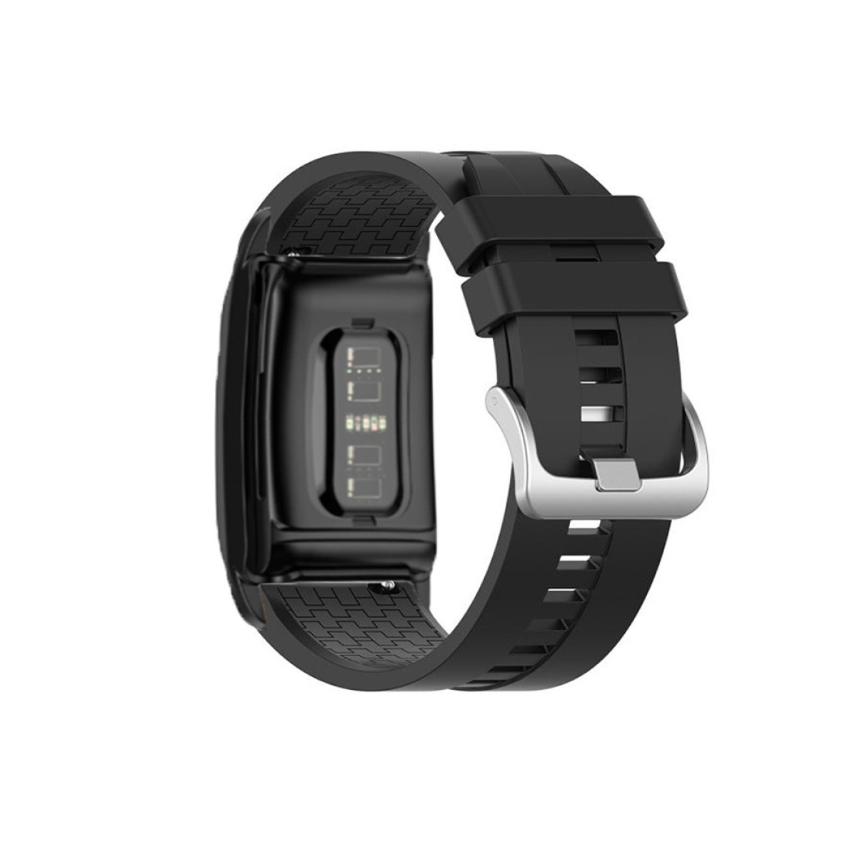 Orologio fitness tracker nero con cinturino nero e fibbia argentata, su sfondo bianco. L'orologio mostra uno schermo.