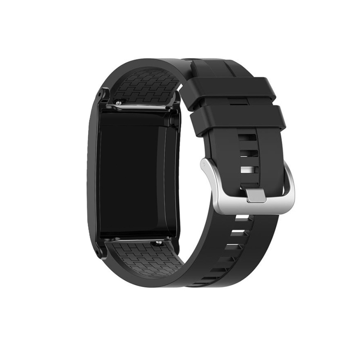 Uno smartwatch nero con schermo rettangolare e cinturino nero con fibbia argentata su sfondo bianco.
