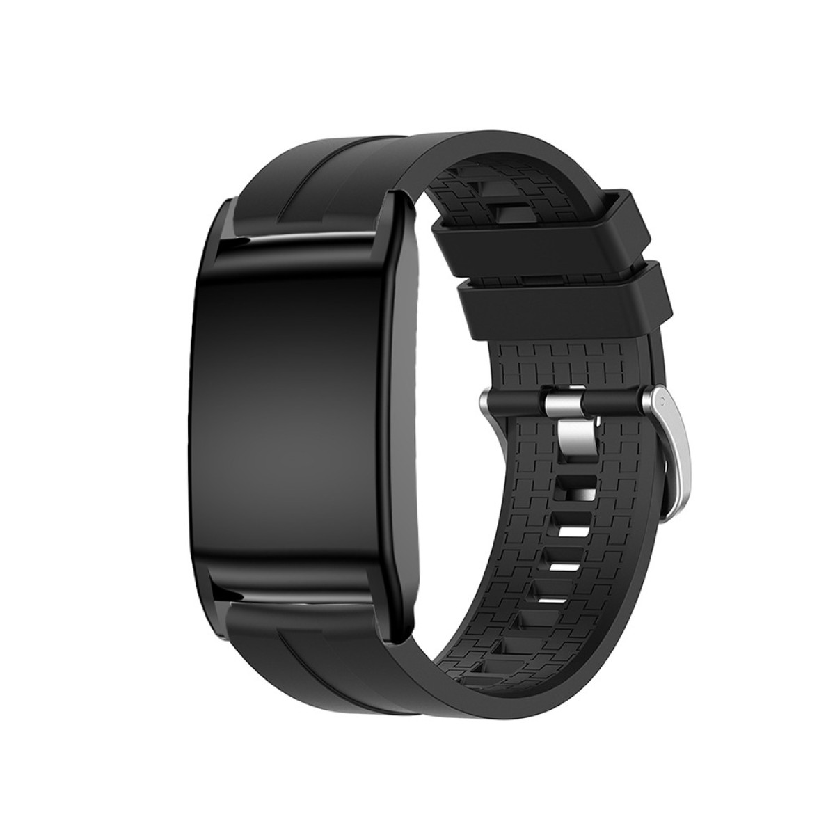 Smartwatch nera con schermo rettangolare e cinturino strutturato. Il cinturino ha una fibbia argentata. Isolato su sfondo bianco.