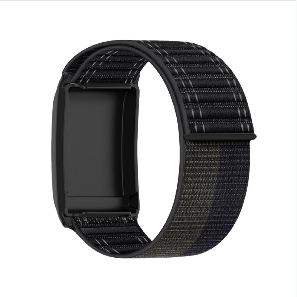 Schwarzes Smartwatch-Armband mit strukturiertem Stoffband und rechteckigem Zifferblatt. Das Band ist geschlauft, die Unterseite ist sichtbar.