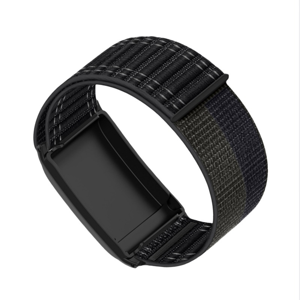 Ein schwarzes Smartwatch-Armband mit schwarzem rechteckigem Zifferblatt. Das Band besteht aus schwarzem Stoff mit weißen Streifen.