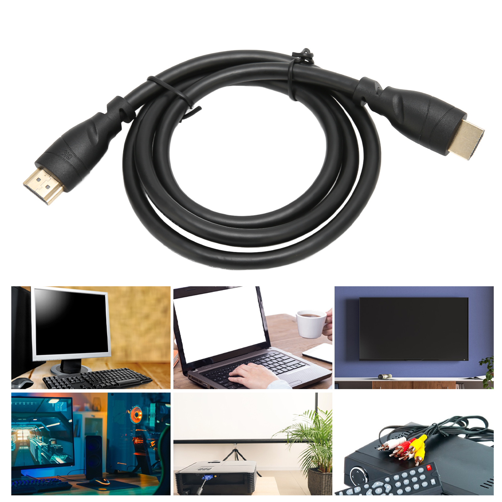 Schwarzes HDMI-Kabel mit goldenen Steckern, geschlungen. Darunter ein Computerbildschirm, Laptop, Fernseher und andere Tech-Setups.