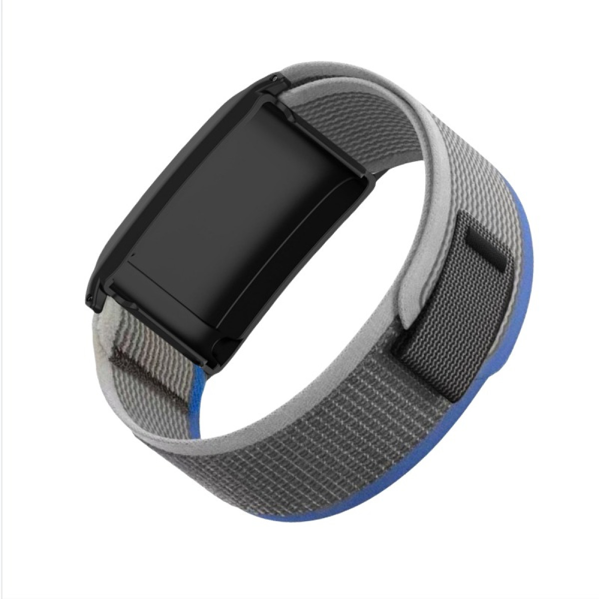 Ein schwarzer Fitness-Tracker mit grauem, blauem und schwarzem Band. Es ist gebogen und zeigt den Bildschirm und den Verschluss.