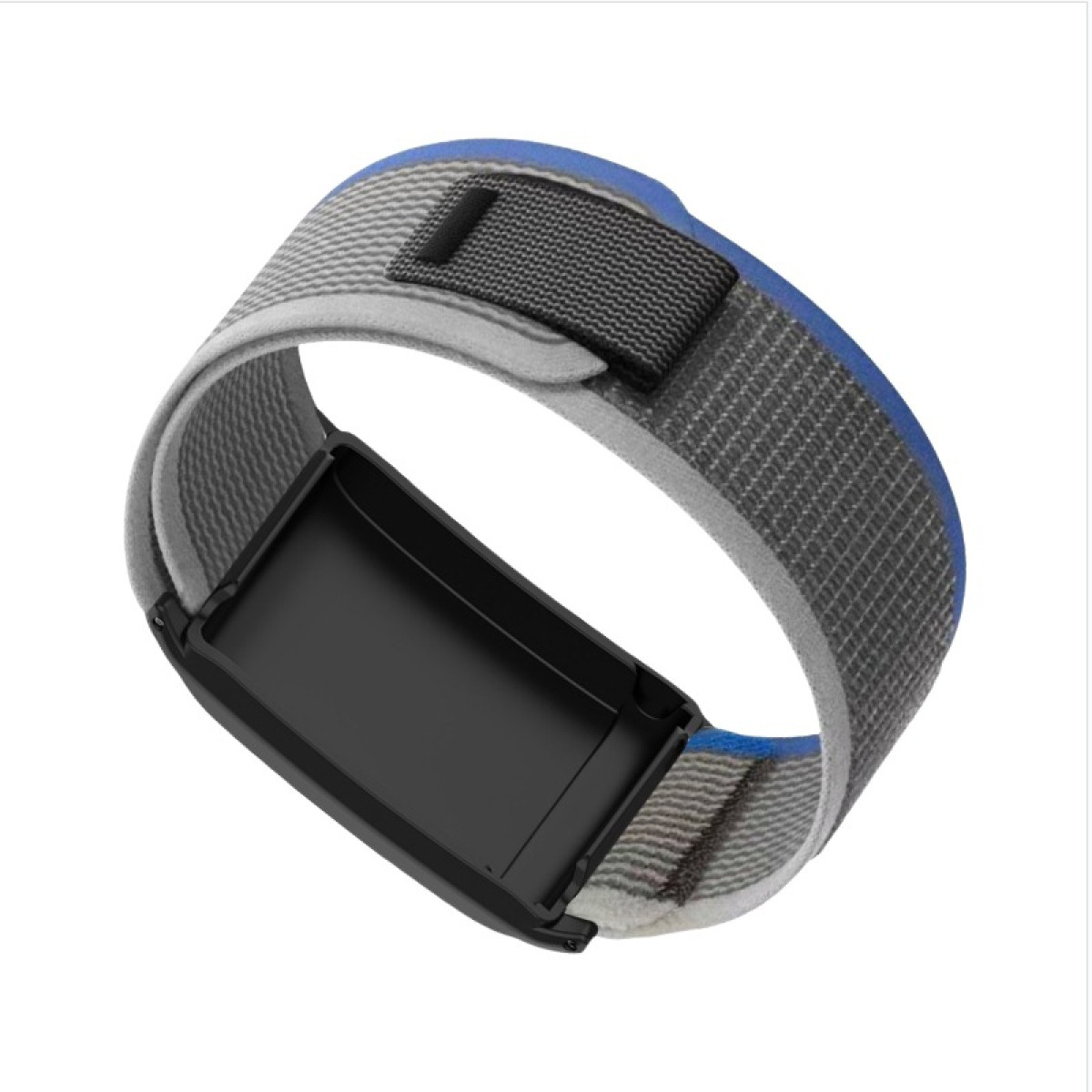 Ein Fitness-Tracker-Armband. Es hat ein schwarzes rechteckiges Modul, ein grau-blaues Band und einen schwarzen Verschluss. Der Hintergrund ist weiß.