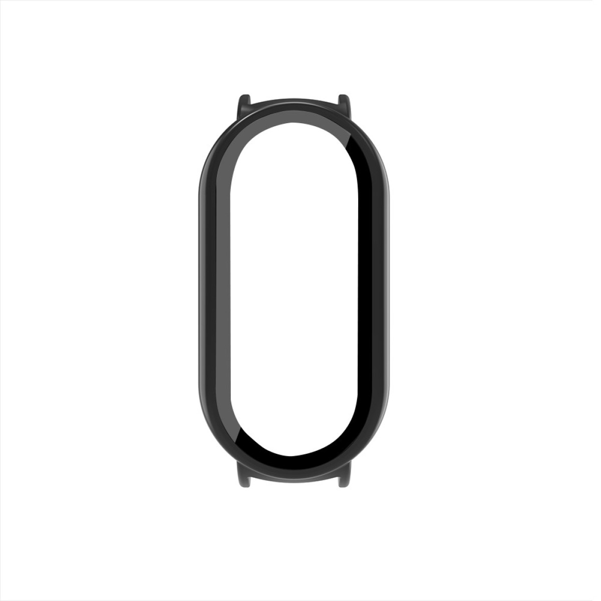 Una custodia protettiva nera, di forma ovale, per un braccialetto smart, su sfondo bianco.