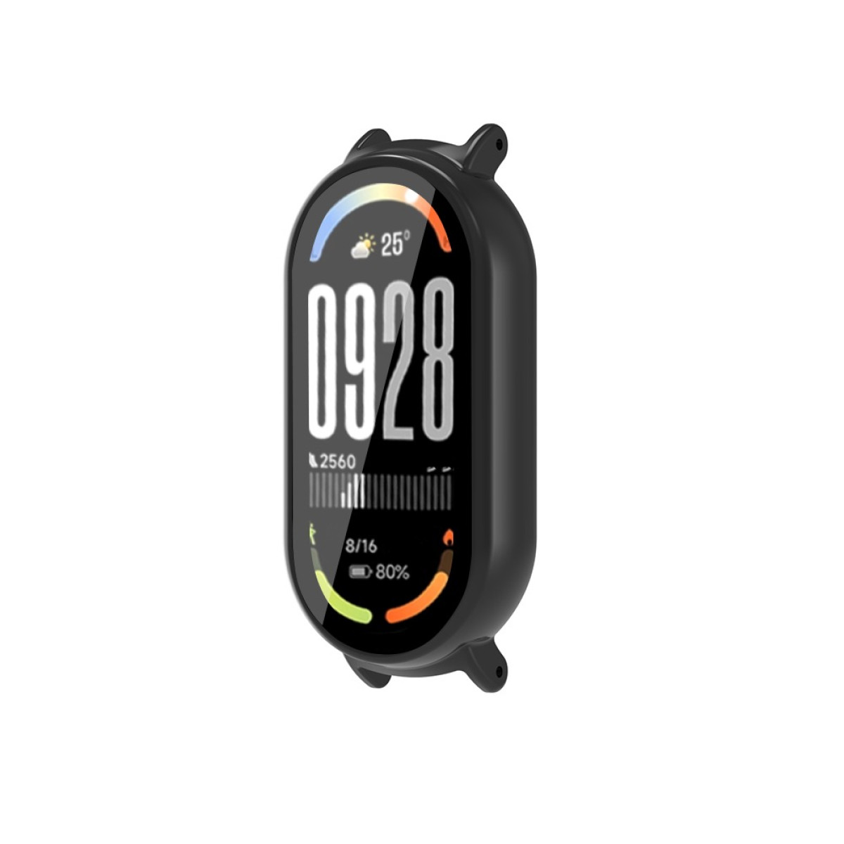 Smartwatch nero che mostra ora, data e statistiche di fitness. Lo schermo mostra 0928, 25 gradi, passi, percentuale batteria e una barra di avanzamento.