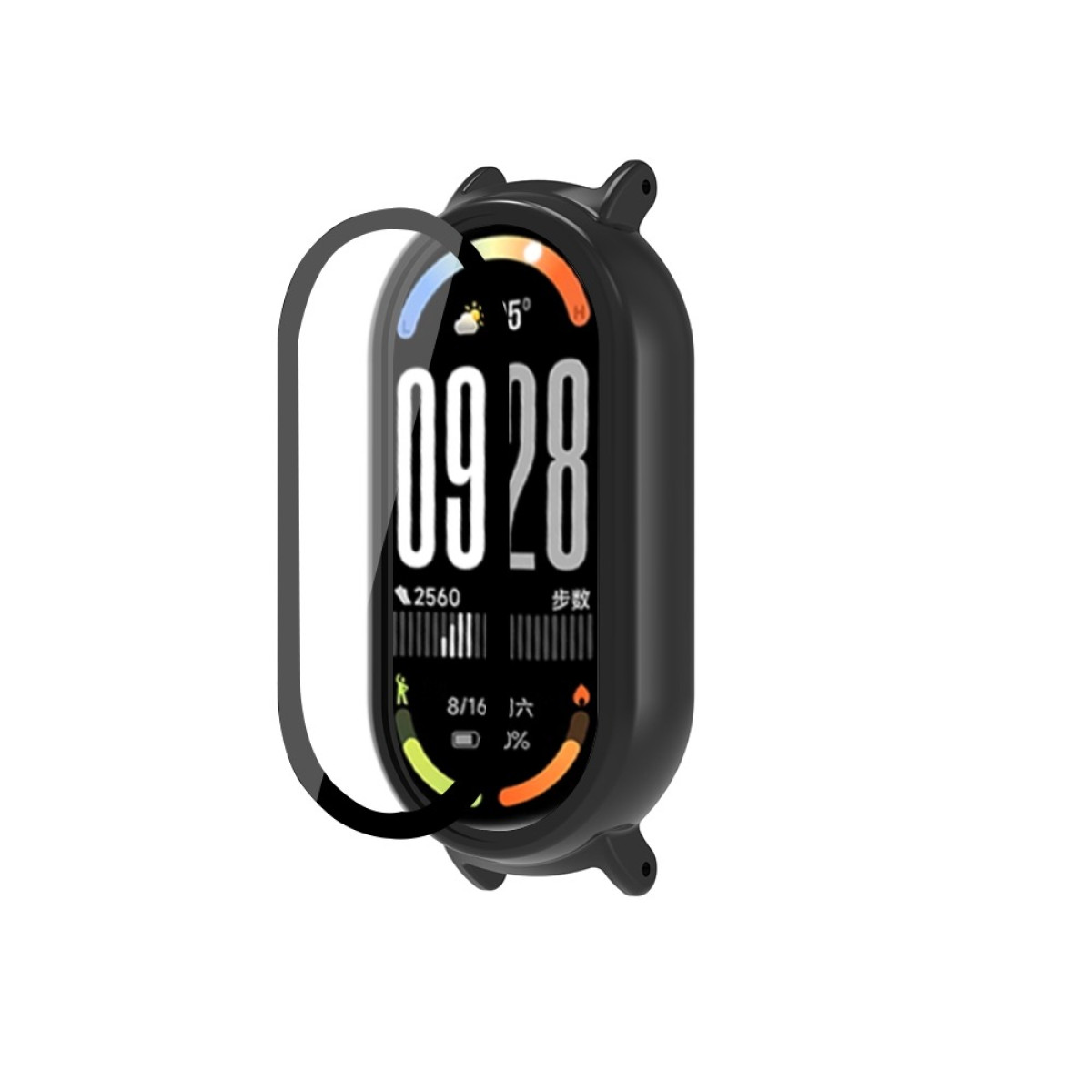 Smartwatch nera con protezione schermo che mostra la data 09/28, icona meteo, passi, batteria e dati attività.