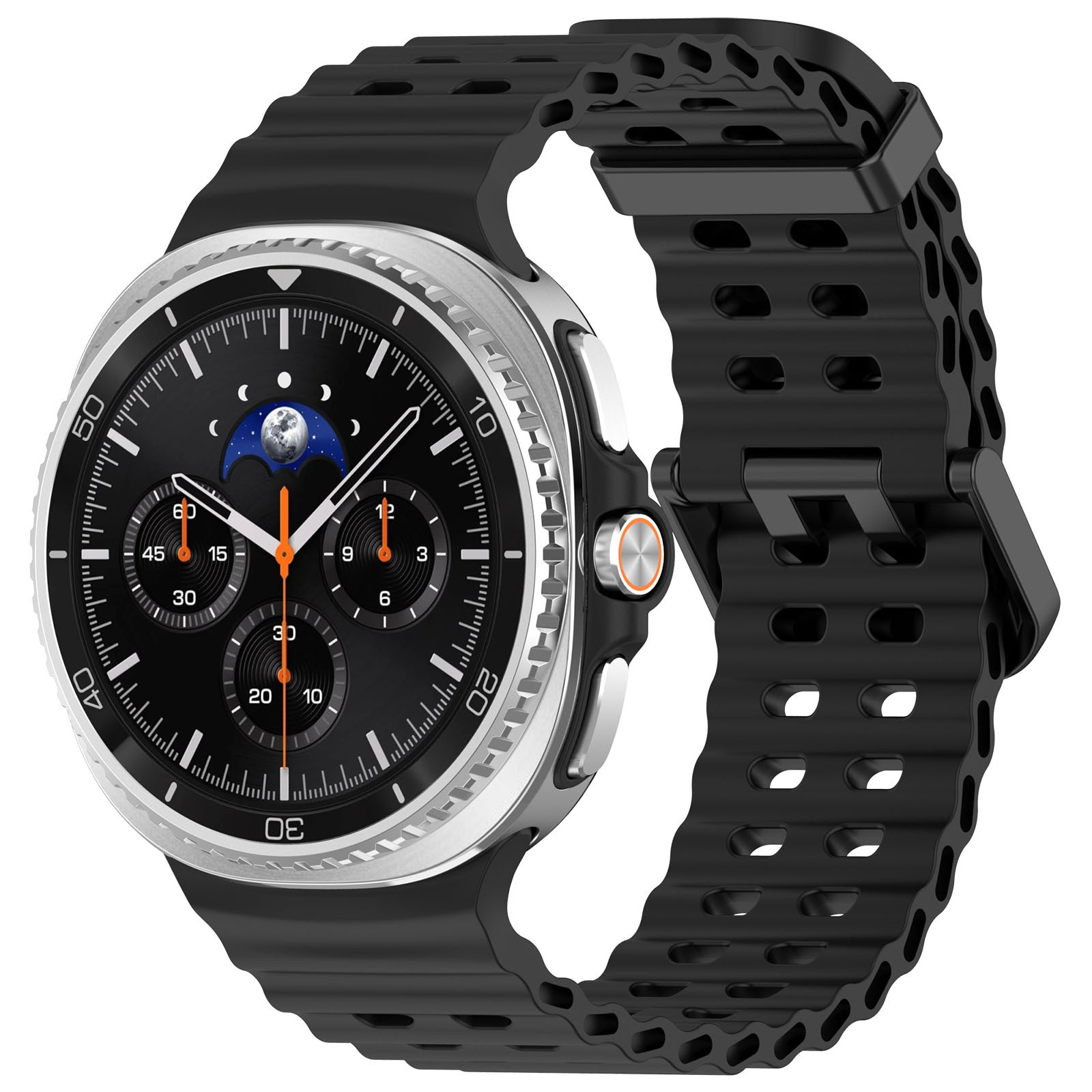 Eine schwarze Smartwatch mit rundem Zifferblatt und schwarzem Armband. Das Zifferblatt zeigt die Uhrzeit und hat eine silberne Lünette.