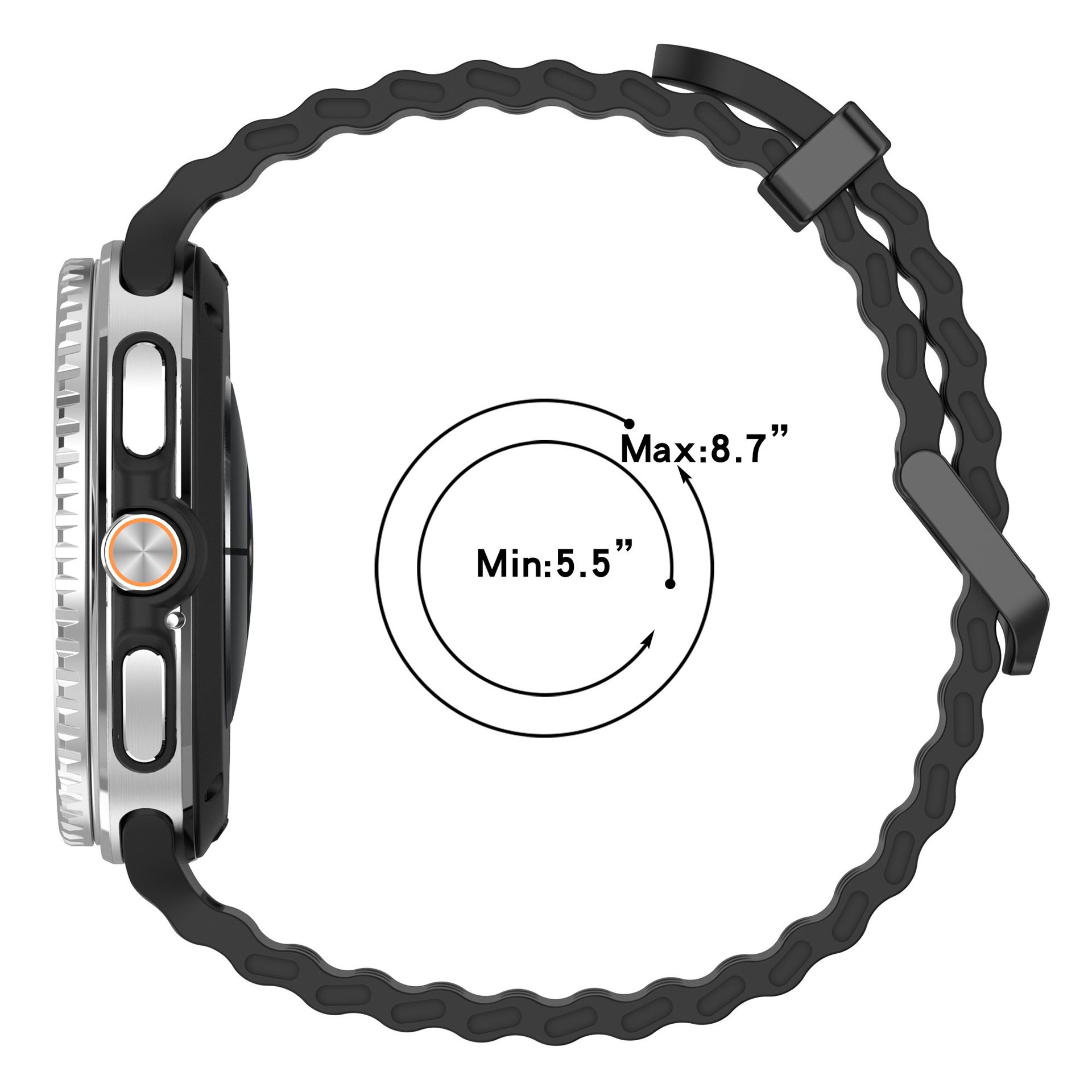 Seitenansicht einer Smartwatch mit schwarzem Armband. Ein Kreisdiagramm zeigt den Größenbereich: min 5,5", max 8,7".