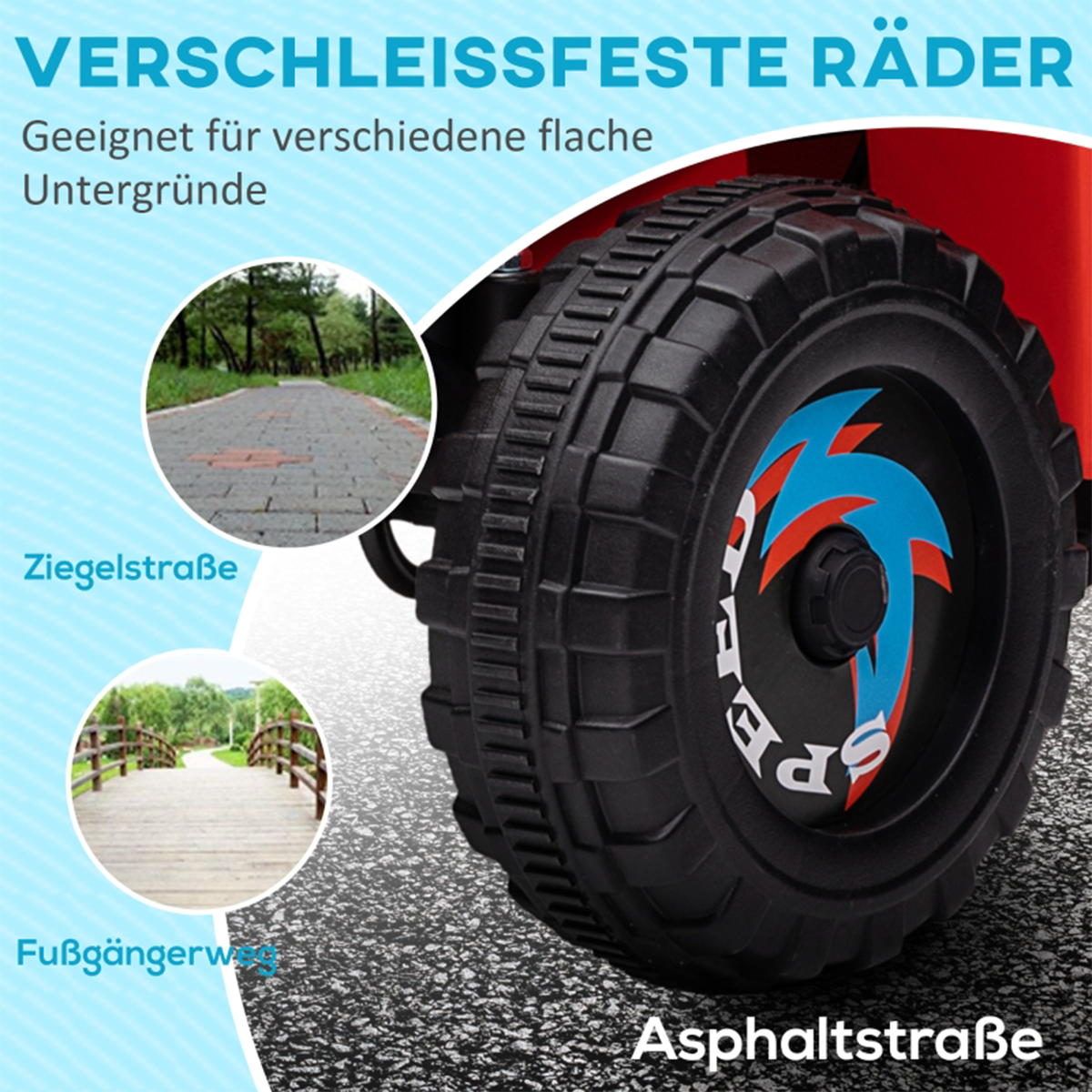 Schwarzer Reifen mit blauem und rotem Design. Der Text erwähnt verschiedene Oberflächen: Ziegelstraße, Fußweg und Asphaltstraße.