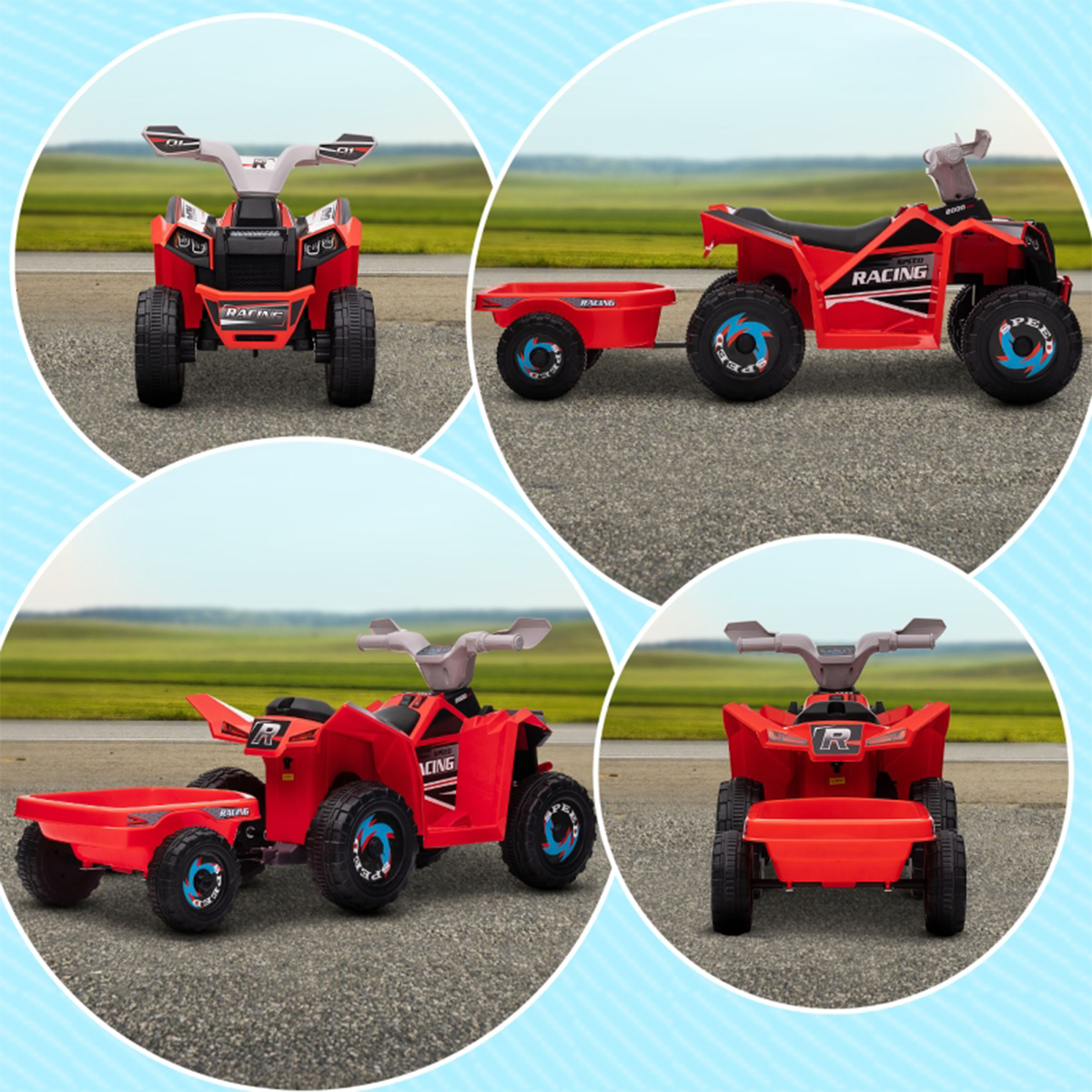 Ein rotes Spielzeug-ATV mit Anhänger wird aus mehreren Blickwinkeln gezeigt. Es steht auf Asphalt, im Hintergrund befinden sich eine grüne Wiese und Himmel.