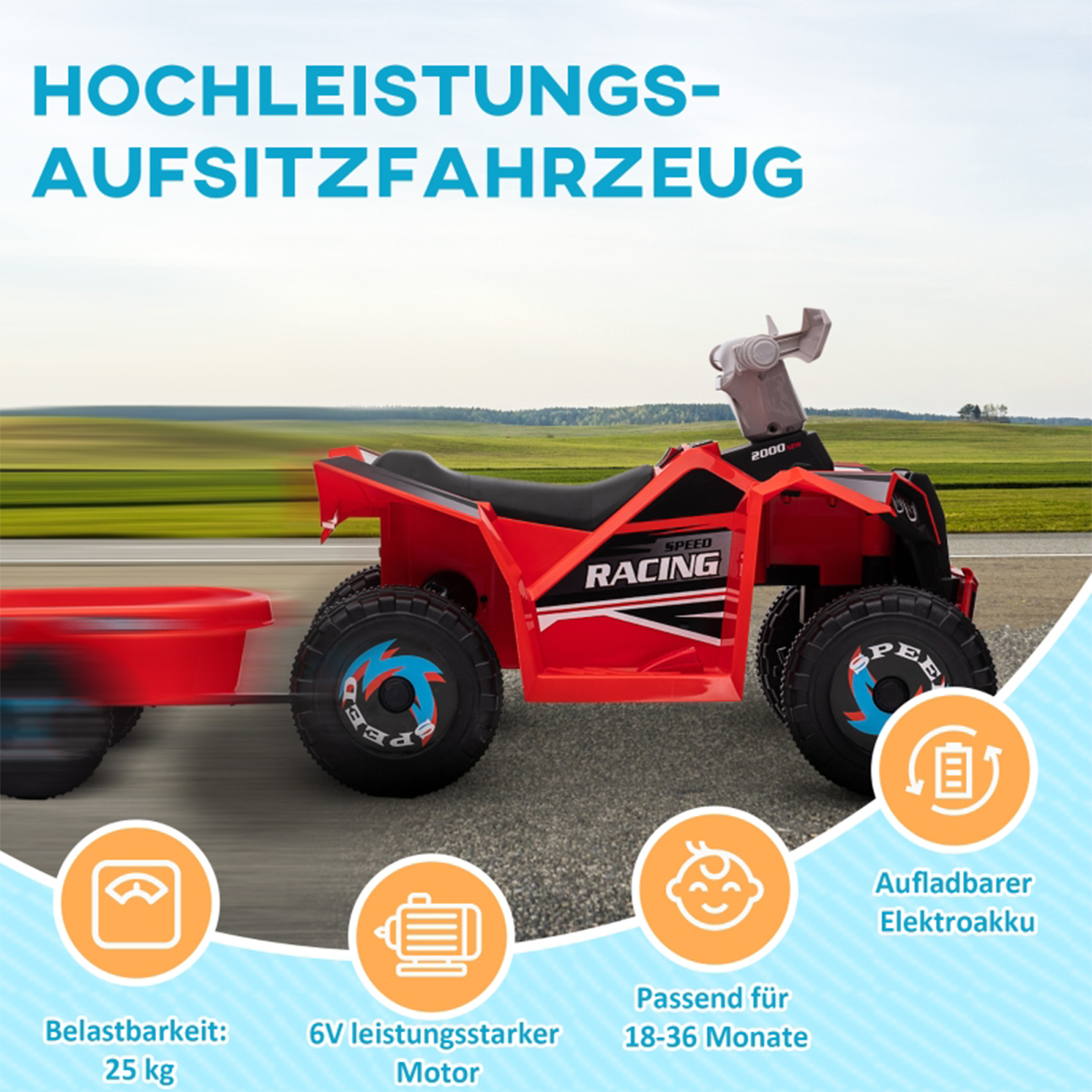 Ein rotes Aufsitzspielzeug mit schwarzen Reifen und Anhänger. Text: Hochleistungs-Aufsitzfahrzeug, Racing, 25 kg, 18-36 Monate, Akku.