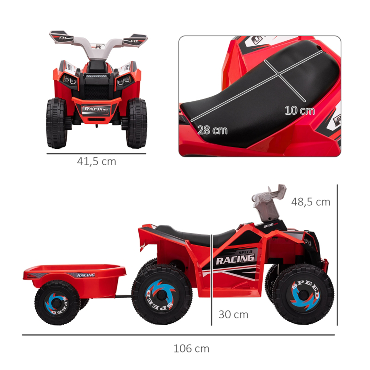 Ein rotes und schwarzes Spielzeug-Quadbike mit Anhänger wird gezeigt. Abmessungen sind angegeben. "RACING" ist auf dem Fahrrad gedruckt.