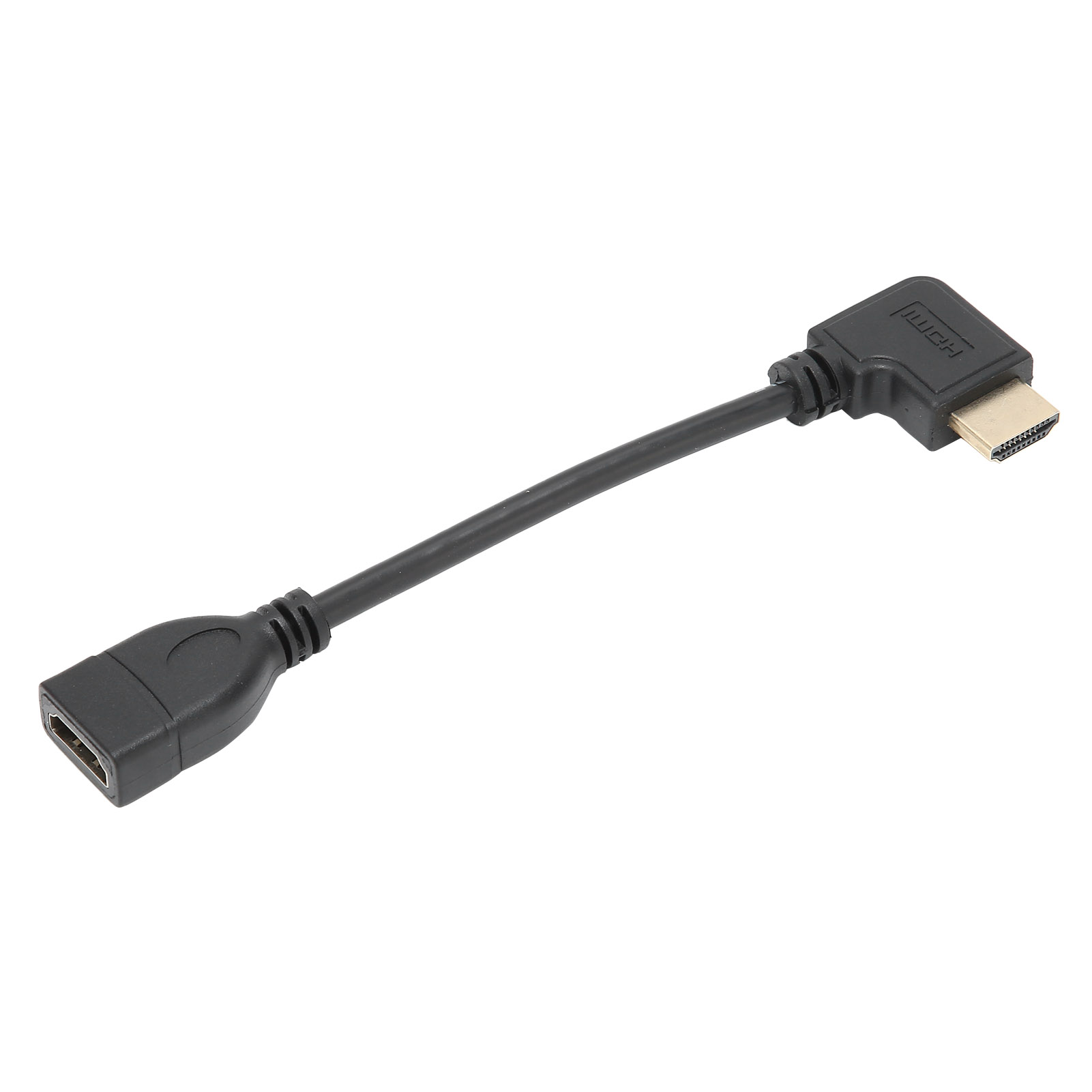 Ein HDMI-Adapterkabel. Ein Ende ist ein HDMI-Buchsenanschluss, das andere ein abgewinkelter Stecker, beide schwarz. Das Kabel ist auch schwarz.