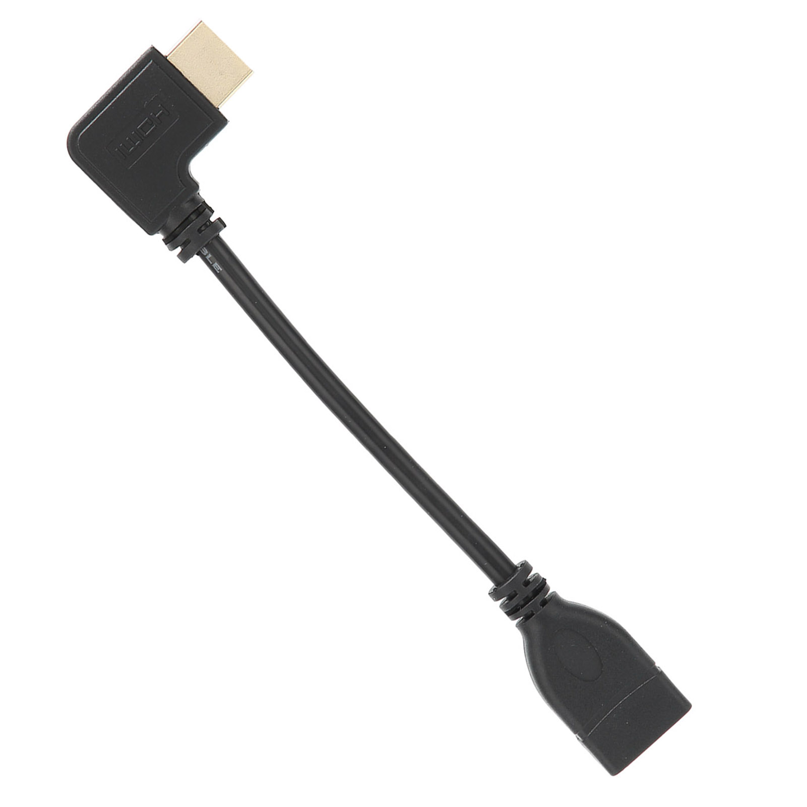 Ein HDMI-Kabel mit einem schwarzen Stecker und Kabel. Der Stecker ist abgewinkelt. Der Hintergrund ist weiß.