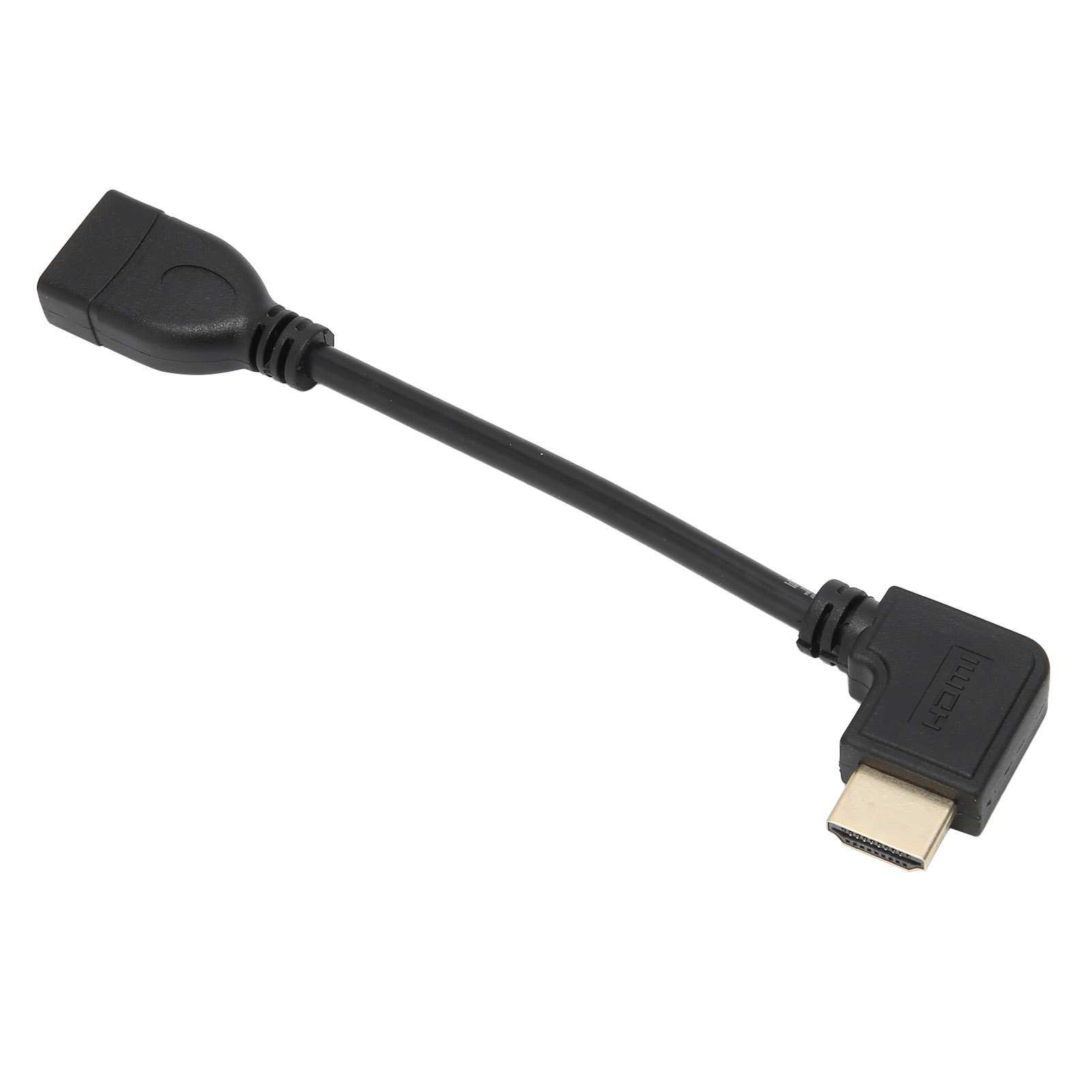 Schwarzes HDMI-Adapterkabel. Ein Ende ist eine Buchse, das andere ein abgewinkelter Stecker. Weißer Hintergrund.