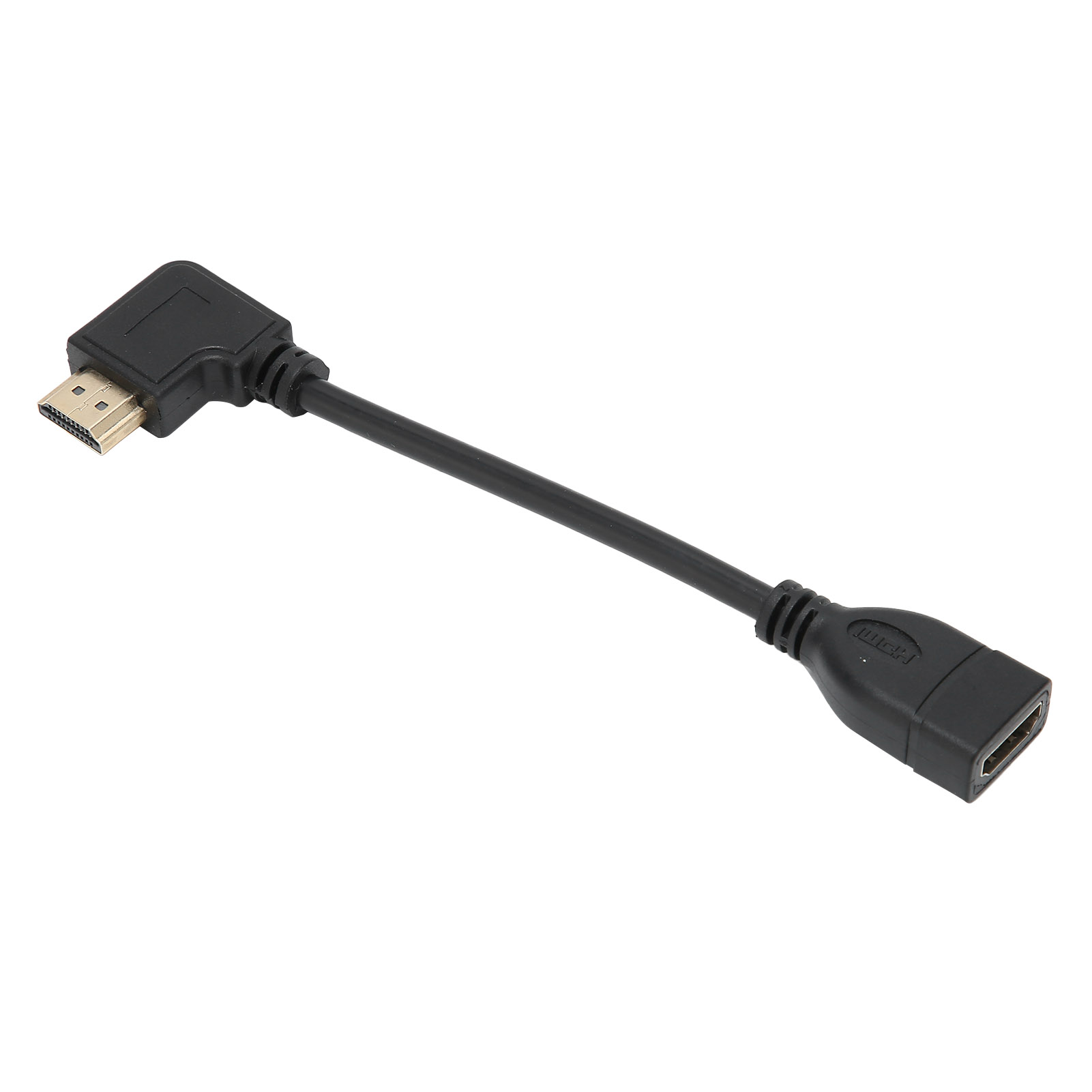 Ein schwarzes HDMI-Adapterkabel auf weißem Hintergrund. Es hat ein L-förmiges männliches Ende und ein weibliches Ende.