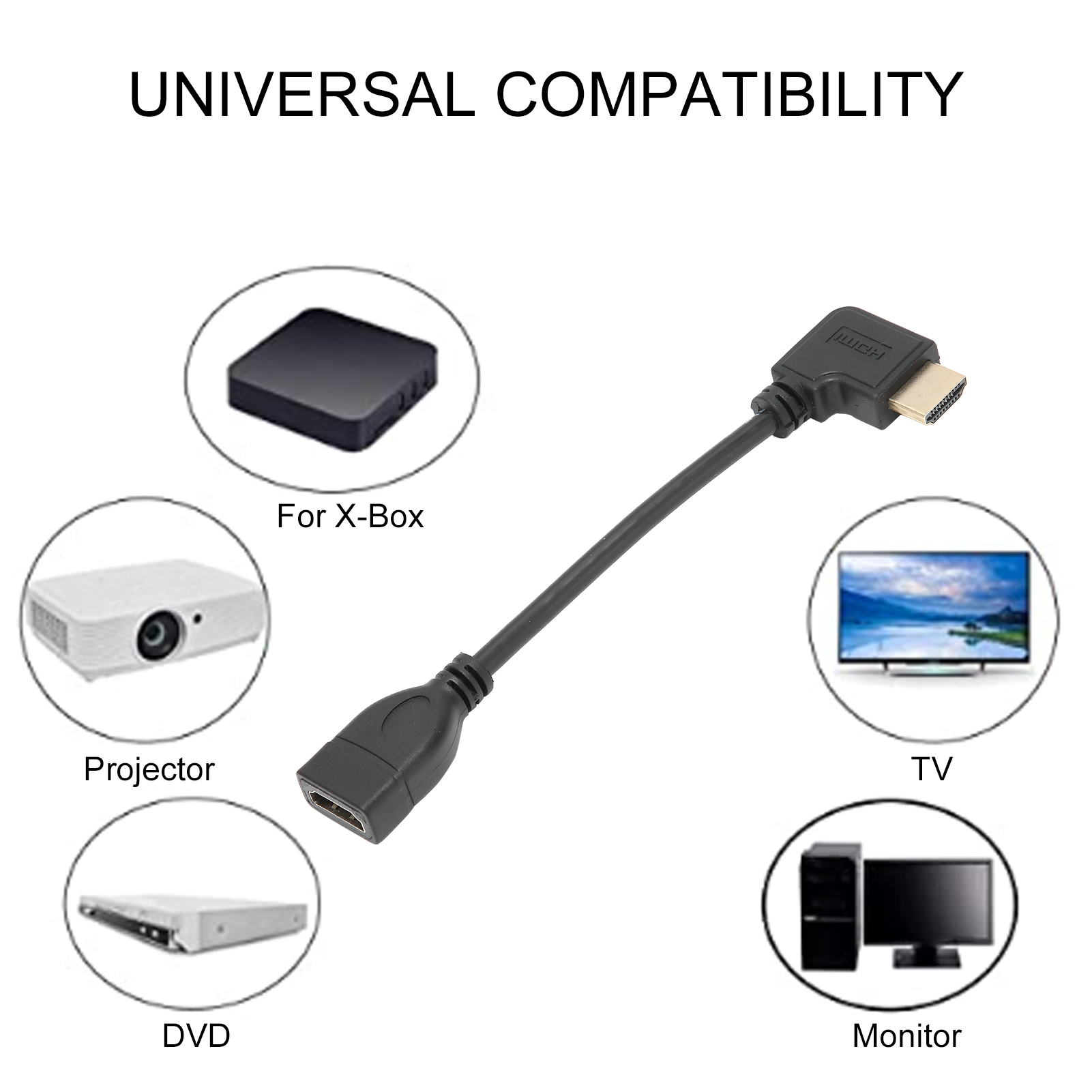 Ein HDMI-Kabel verbindet sich mit einem Fernseher, Monitor, DVD, Projektor und X-Box. Der Titel lautet 'Universelle Kompatibilität'.