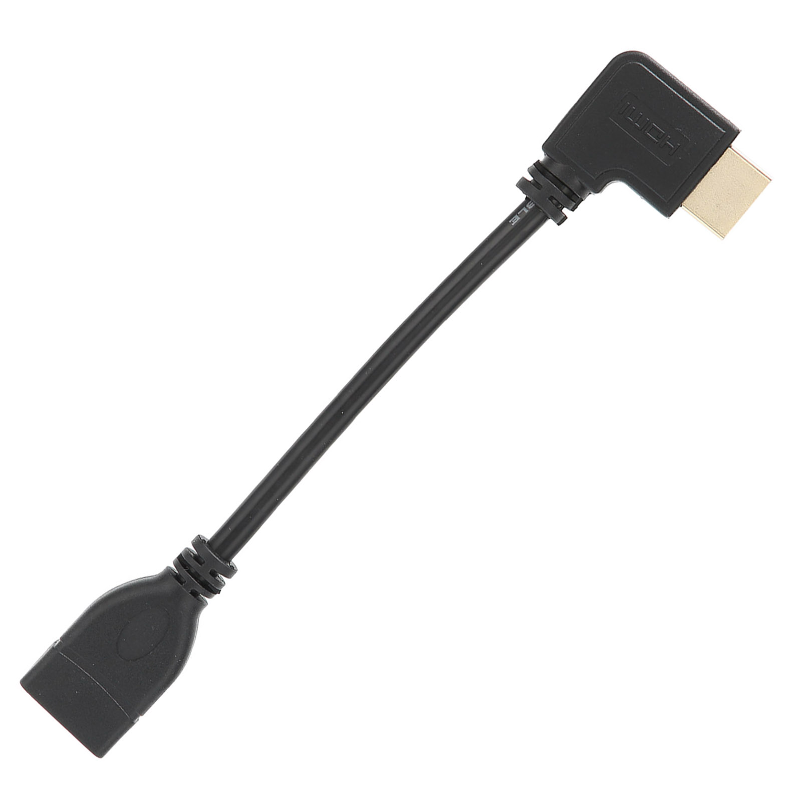 Ein schwarzes HDMI-Kabel mit einem 90-Grad-Anschluss. Das Kabel ist auf weißem Hintergrund.