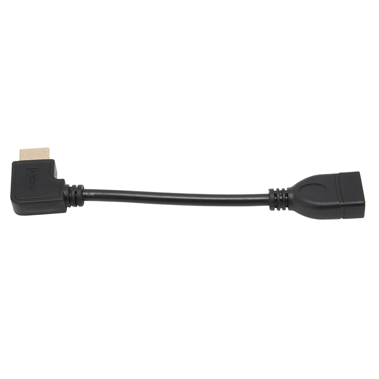 Ein schwarzes HDMI-Adapterkabel. Es hat einen HDMI-Stecker an einem Ende und eine HDMI-Buchse am anderen.