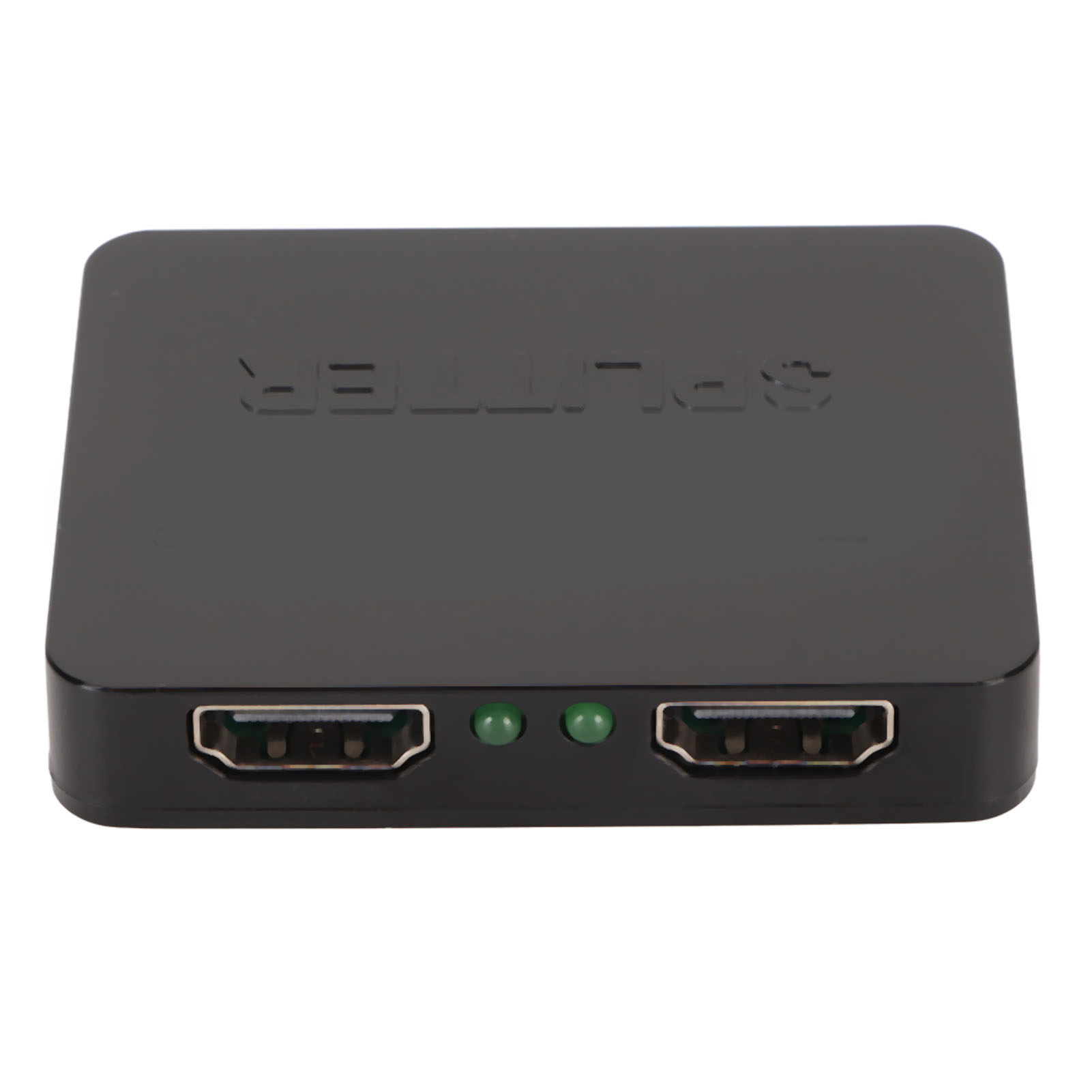 Ein schwarzer HDMI-Splitter. Zwei HDMI-Anschlüsse sind sichtbar. Zwei grüne Lichter leuchten.