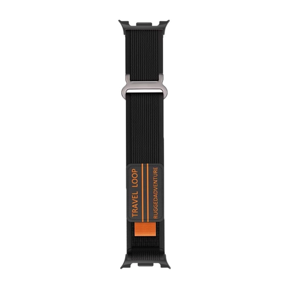 Schwarzes Uhrenarmband mit silberner Schließe und orangefarbenen Akzenten. Der Text lautet 'TRAVEL LOOP' und 'RUGGED ADVENTURE'.