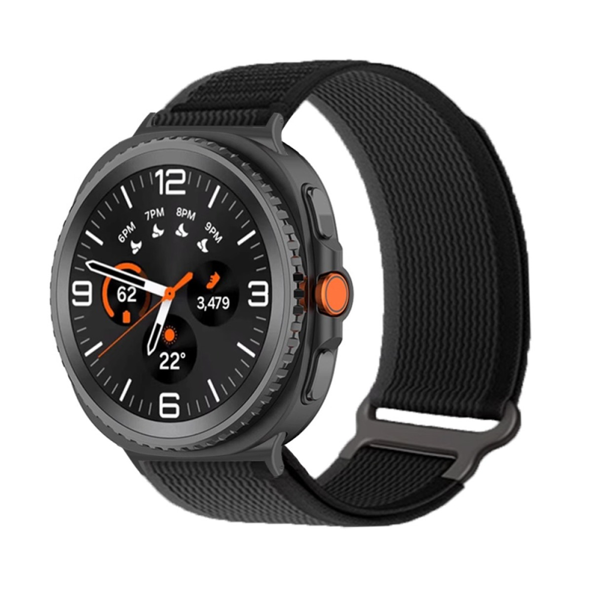 Eine schwarze Smartwatch mit orangefarbenem Knopf und schwarzem Armband. Das Zifferblatt zeigt Uhrzeit und Daten an.