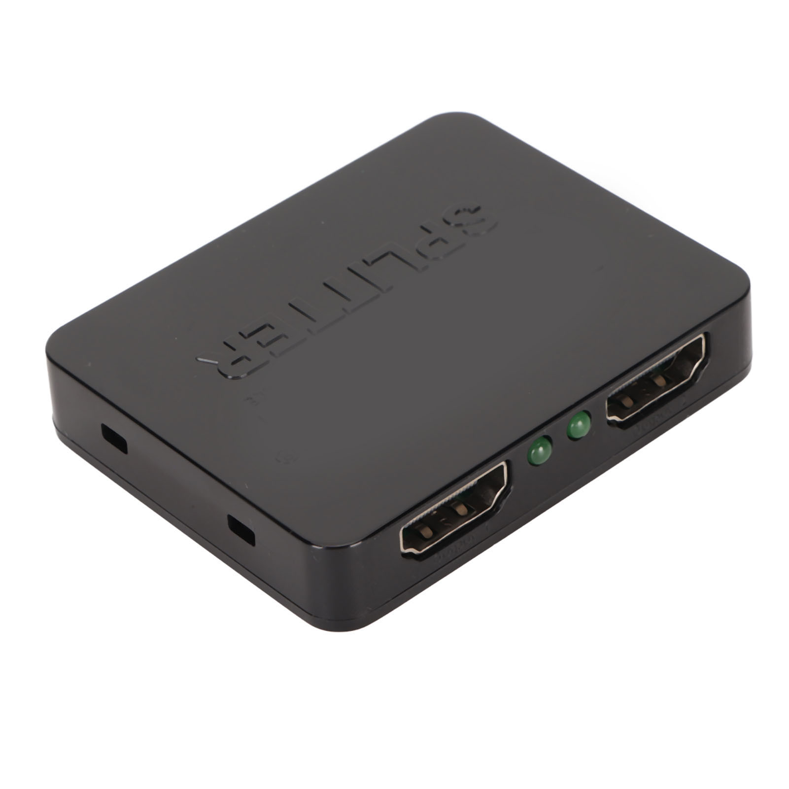Ein schwarzer HDMI-Splitter mit zwei Anschlüssen, beschriftet mit 'SPLITTER'. Er hat zwei grüne Kontrollleuchten und befindet sich auf weißem Grund.