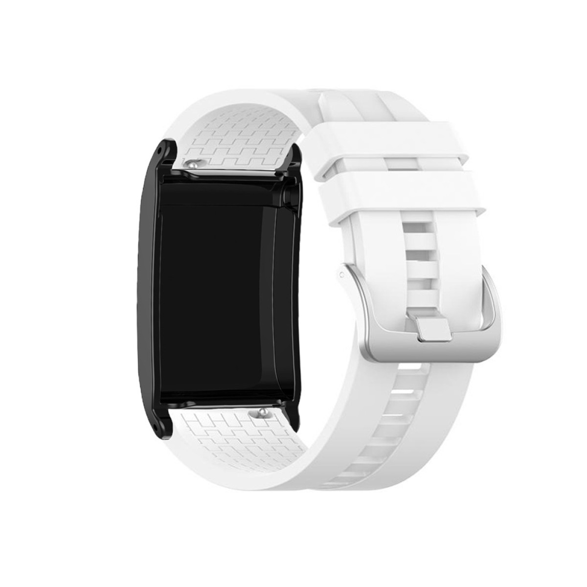 Eine weiße Smartwatch mit schwarzem Bildschirm und weißem Armband. Das Armband hat eine silberne Schnalle. Der Bildschirm ist rechteckig.