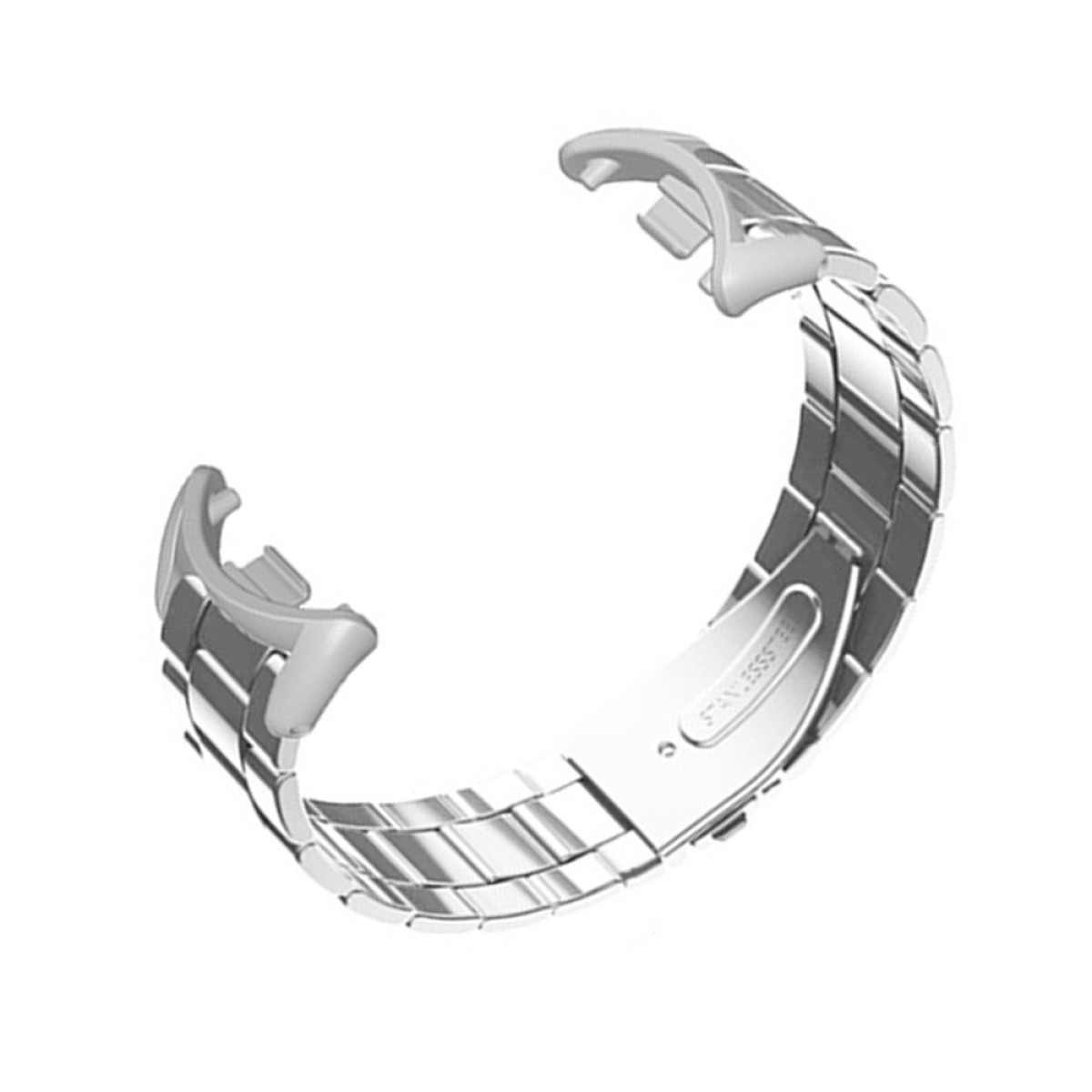 Ein silbernes Edelstahl-Uhrenarmband, gebogen und abgenommen, mit dem Text "STAINLESS STEEL" auf der Innenseite.