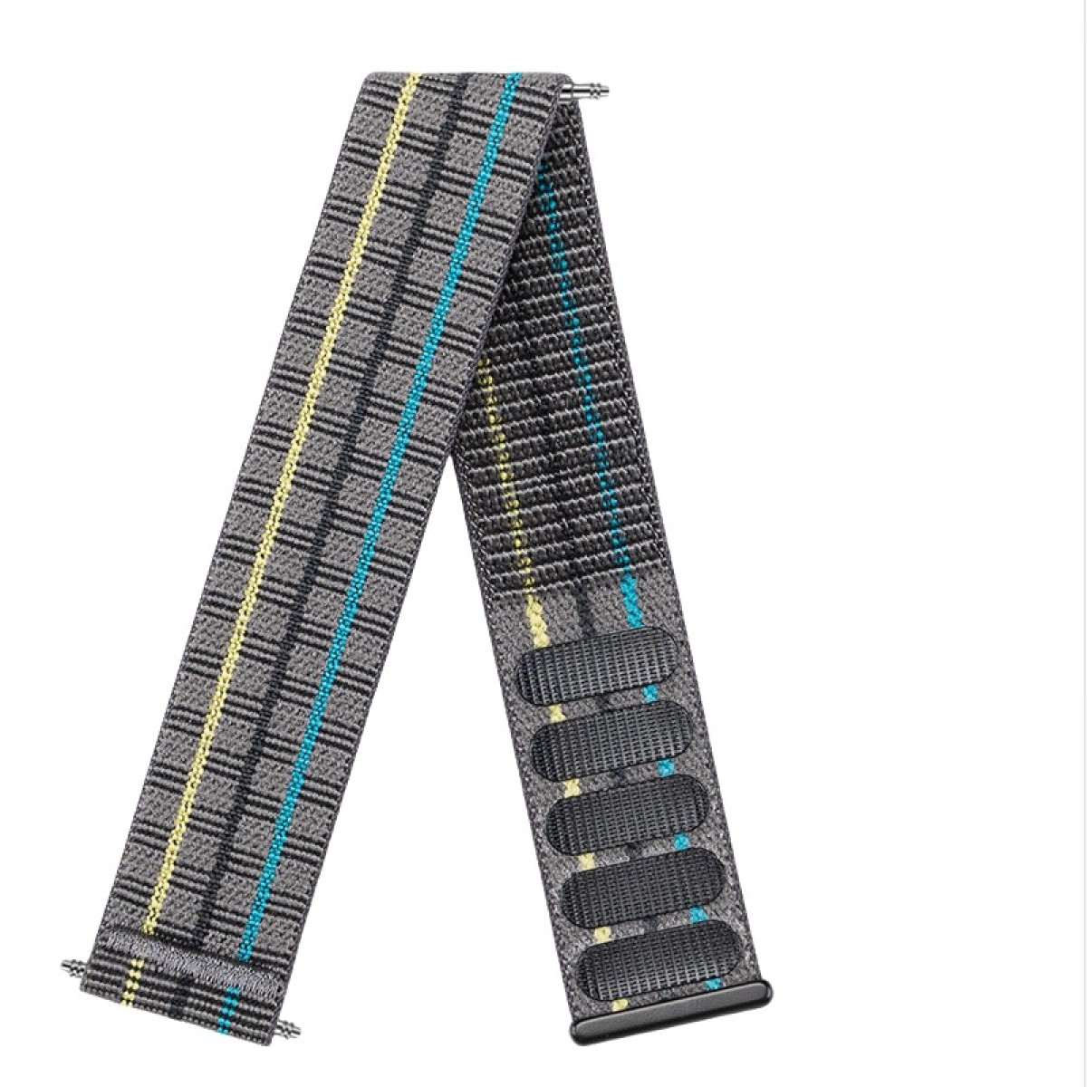 Un cinturino grigio con strisce gialle e blu. Ha fori per la regolazione e chiusure metalliche su entrambe le estremità.