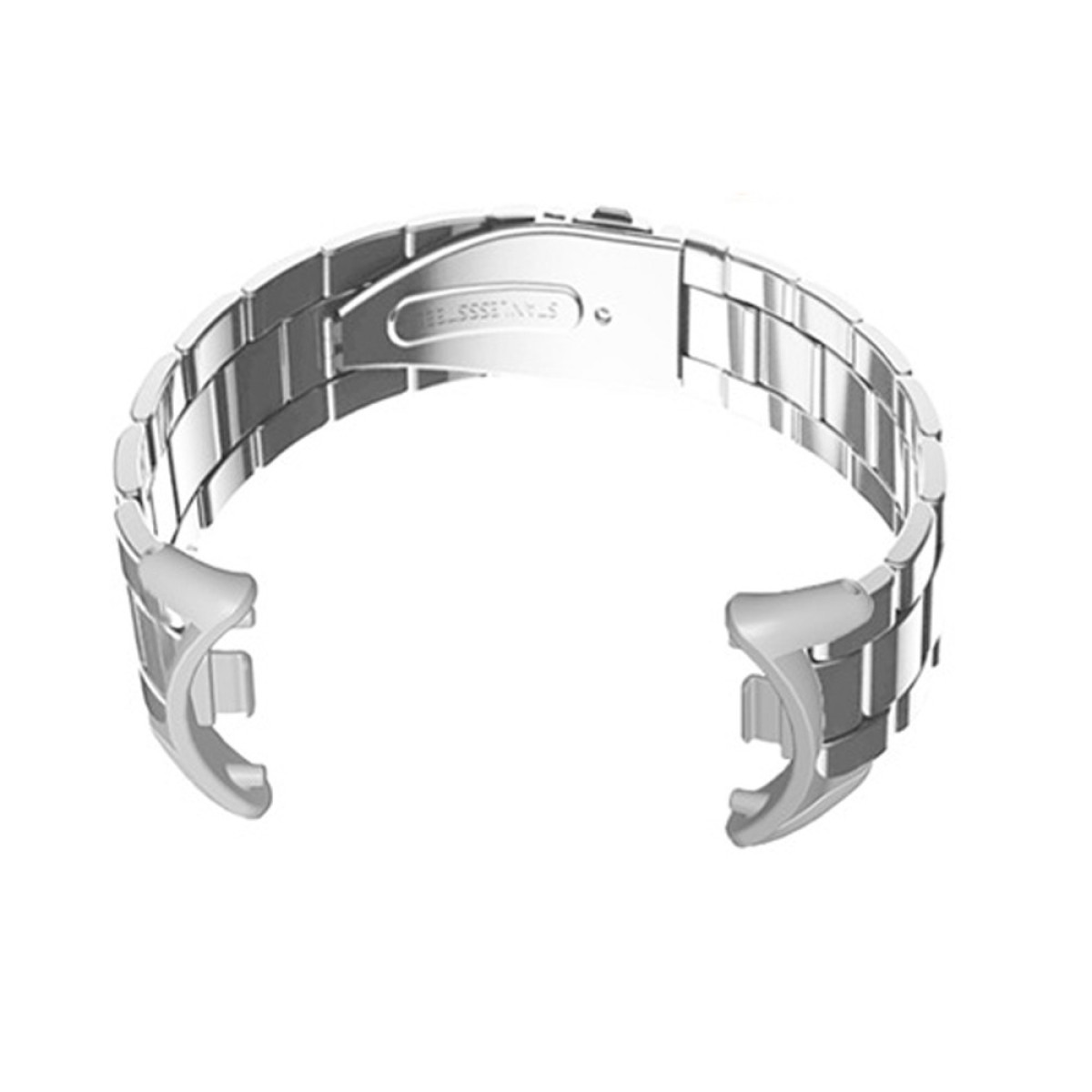 Ein silbernes Edelstahl-Uhrenarmband. Das Armband ist gebogen, wirkt neu und befindet sich auf weißem Hintergrund.