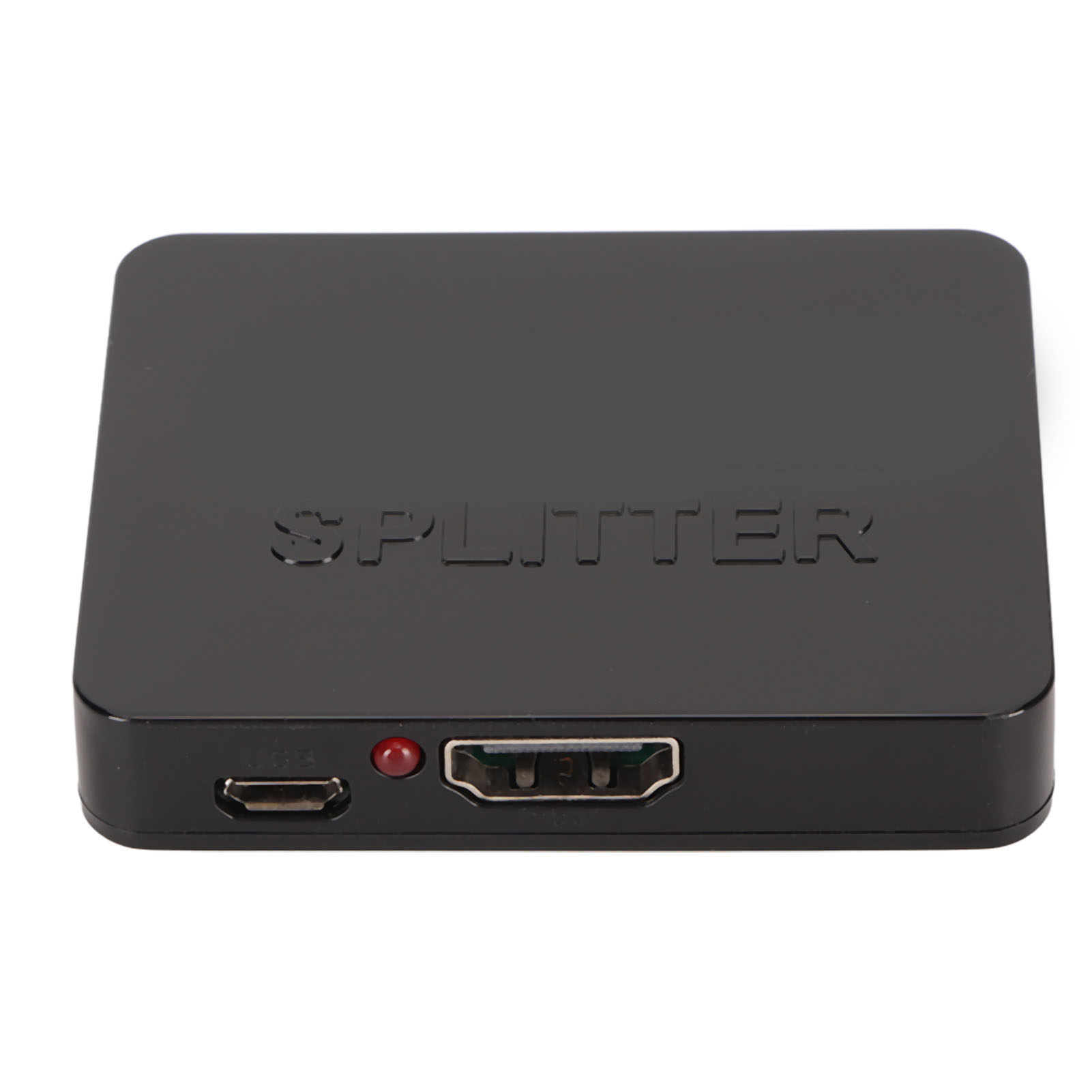 Ein schwarzer Splitterkasten mit HDMI- und USB-Anschlüssen. Das Wort SPLITTER ist oben eingeprägt. Eine rote Kontrollleuchte ist ebenfalls sichtbar.