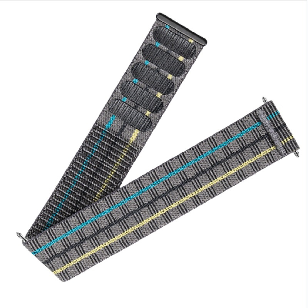 Un cinturino grigio con un motivo a quadri e strisce blu e gialle. Ha una fibbia nera e diversi passanti per la regolazione.